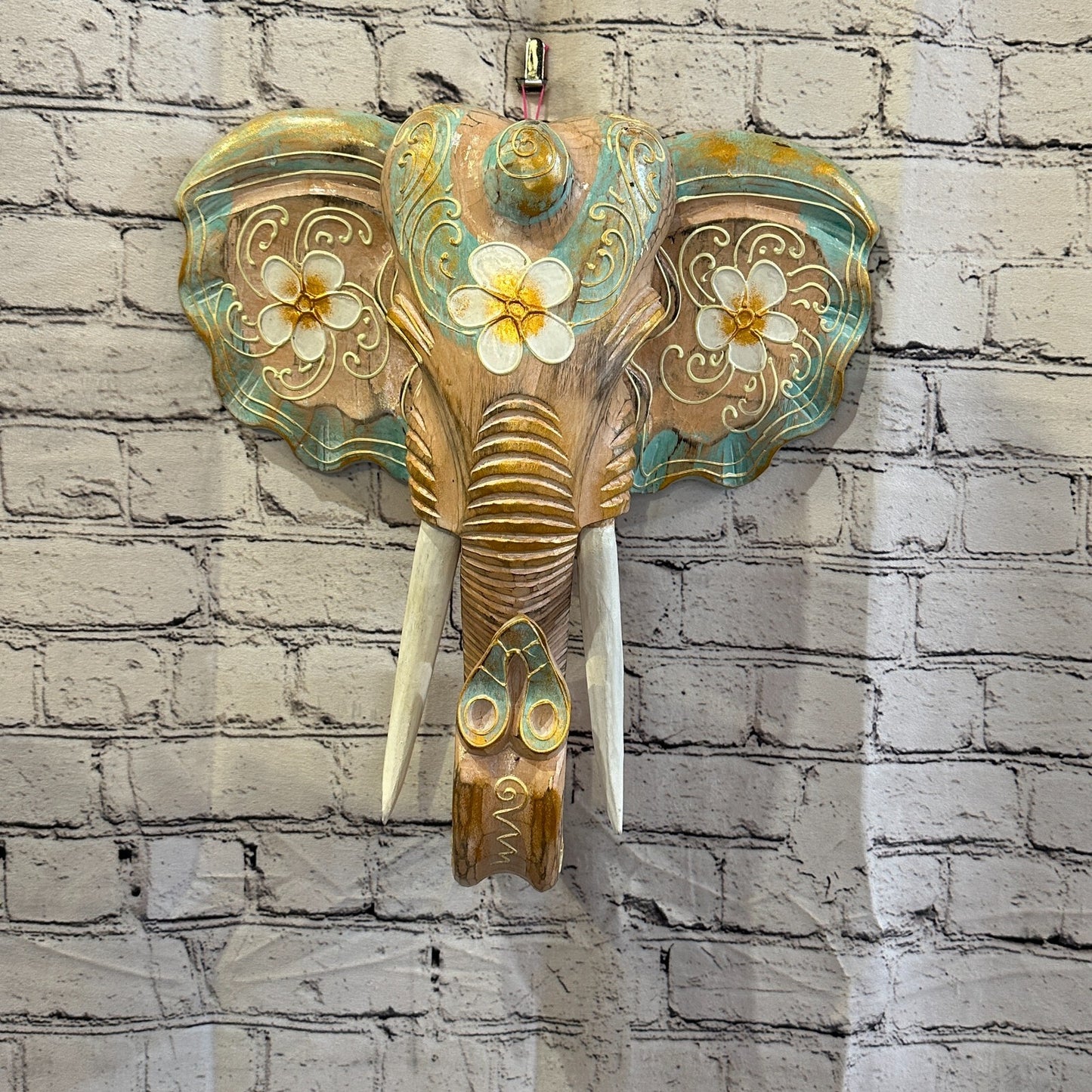 40cm x 35cm Green Flower Painted Wood Elephant Head Wall Mounted Art Shabby