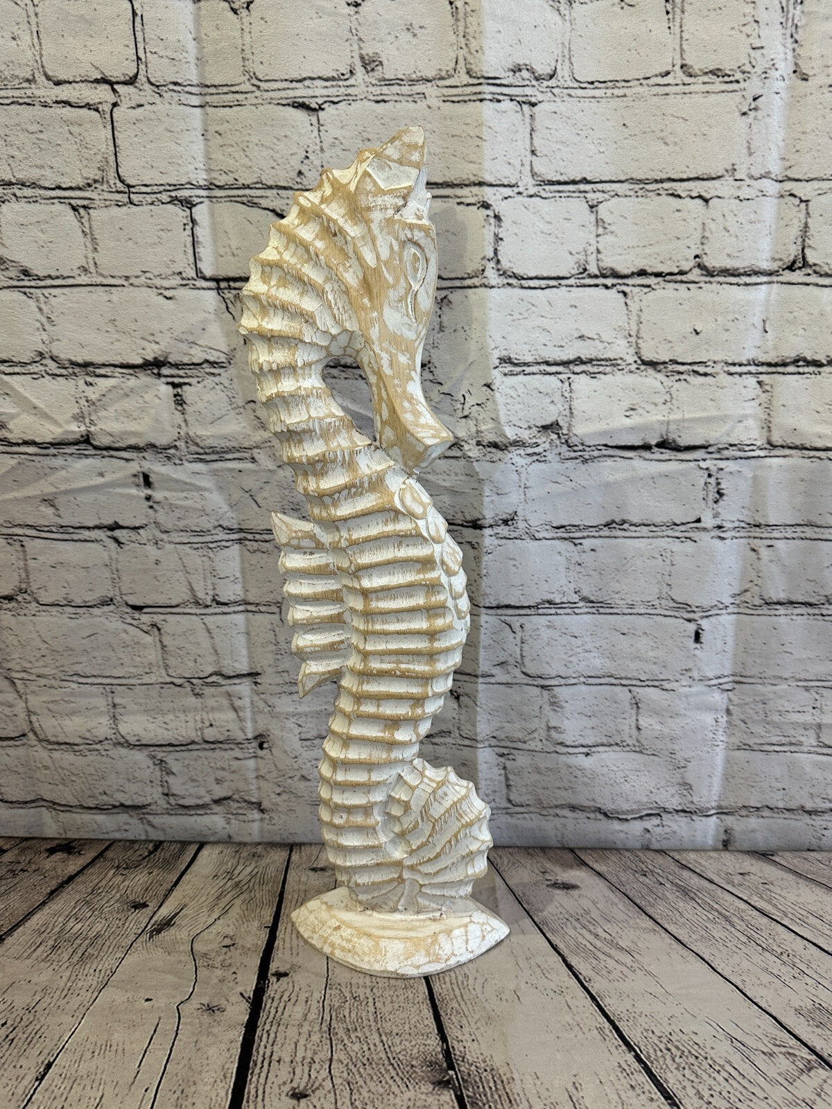 50cm White Plain Wooden Shabby Seahorse Statue Ornament Fair Trade Handcarved