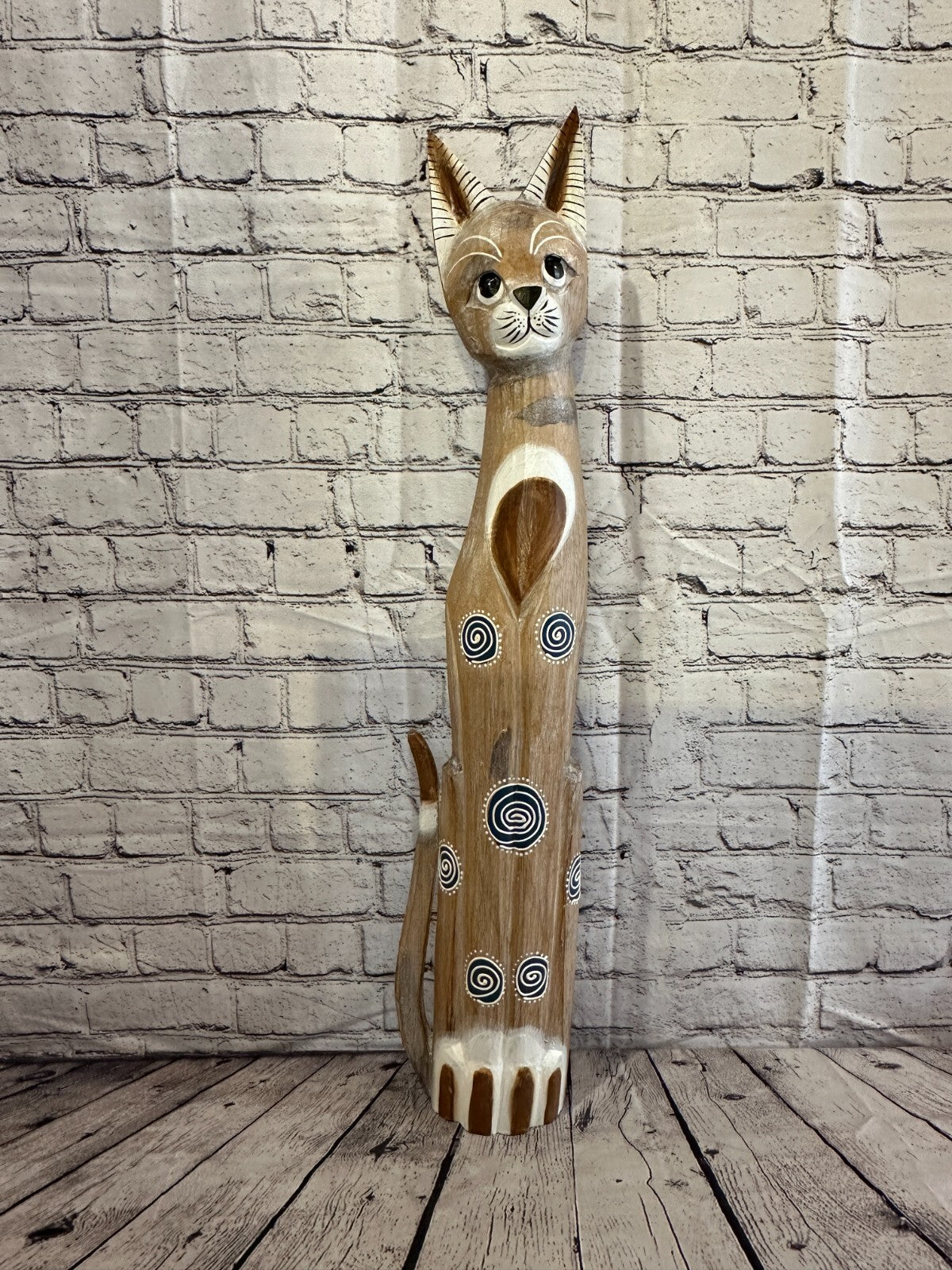 80cm Light Brown Flower Wooden Shabby Cat Statue Ornament Fair Trade Handcarved