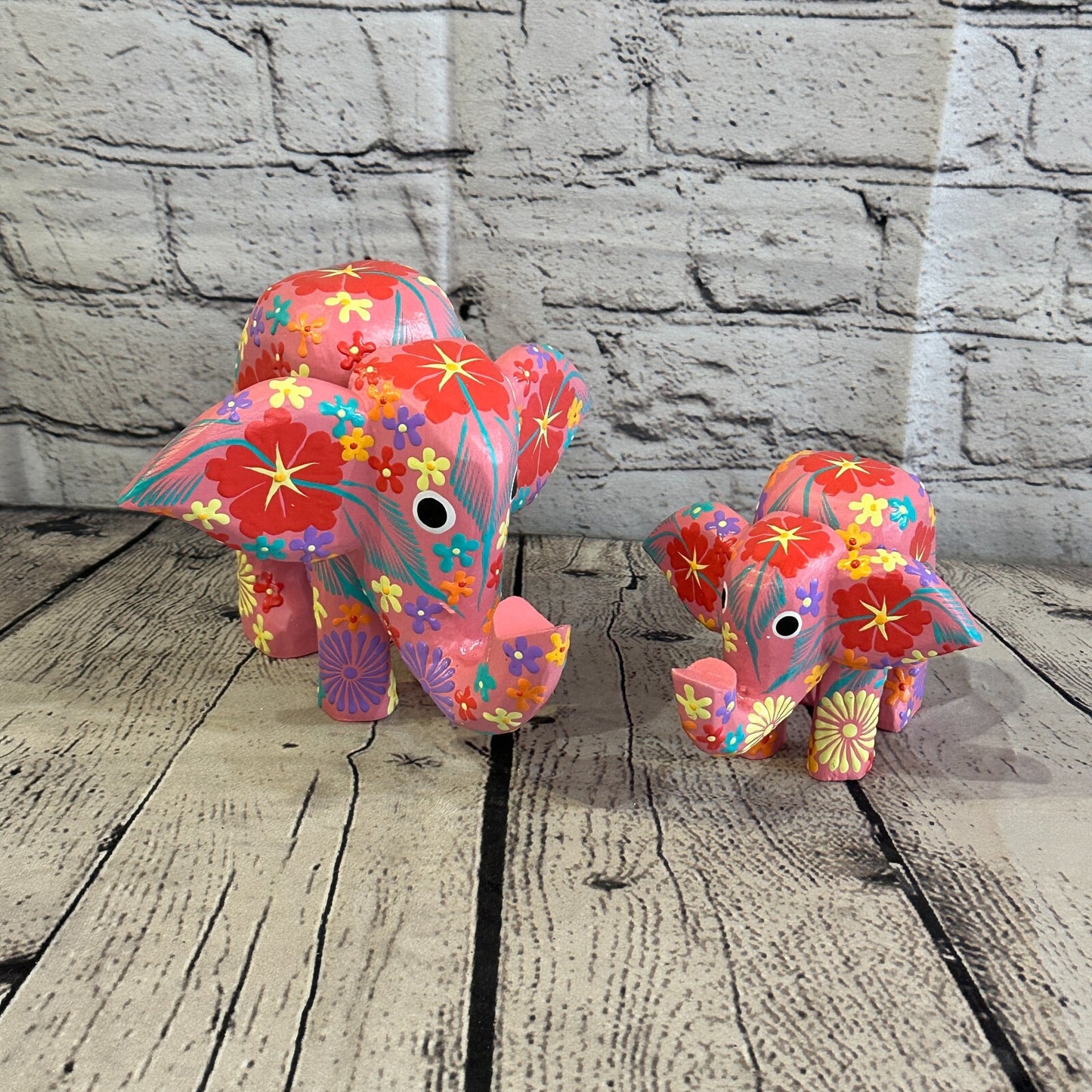 Pink Wooden Elephant With Flower Pattern 15cm x 18cm Handmade and Fairtrade
