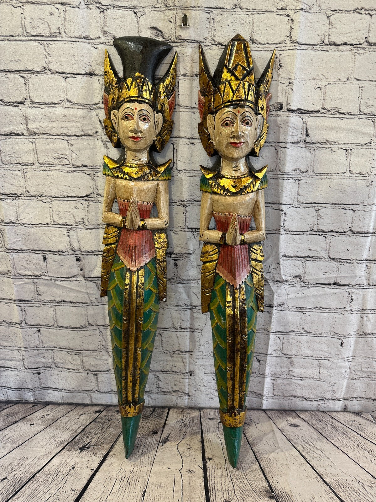 Plain Antique Colour Sita Dewi Bali Rice Goddess Wings Mermaid Wood 80cm Pair
