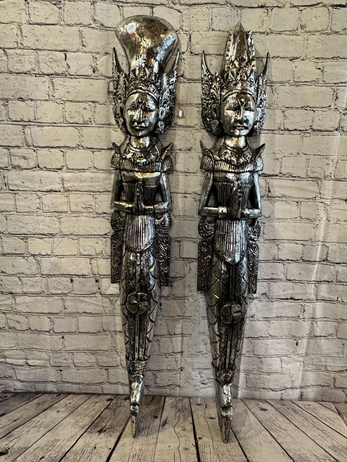 Silver Antique Colour Sita Dewi Bali Rice Goddess Wings Mermaid Wood 100cm Pair