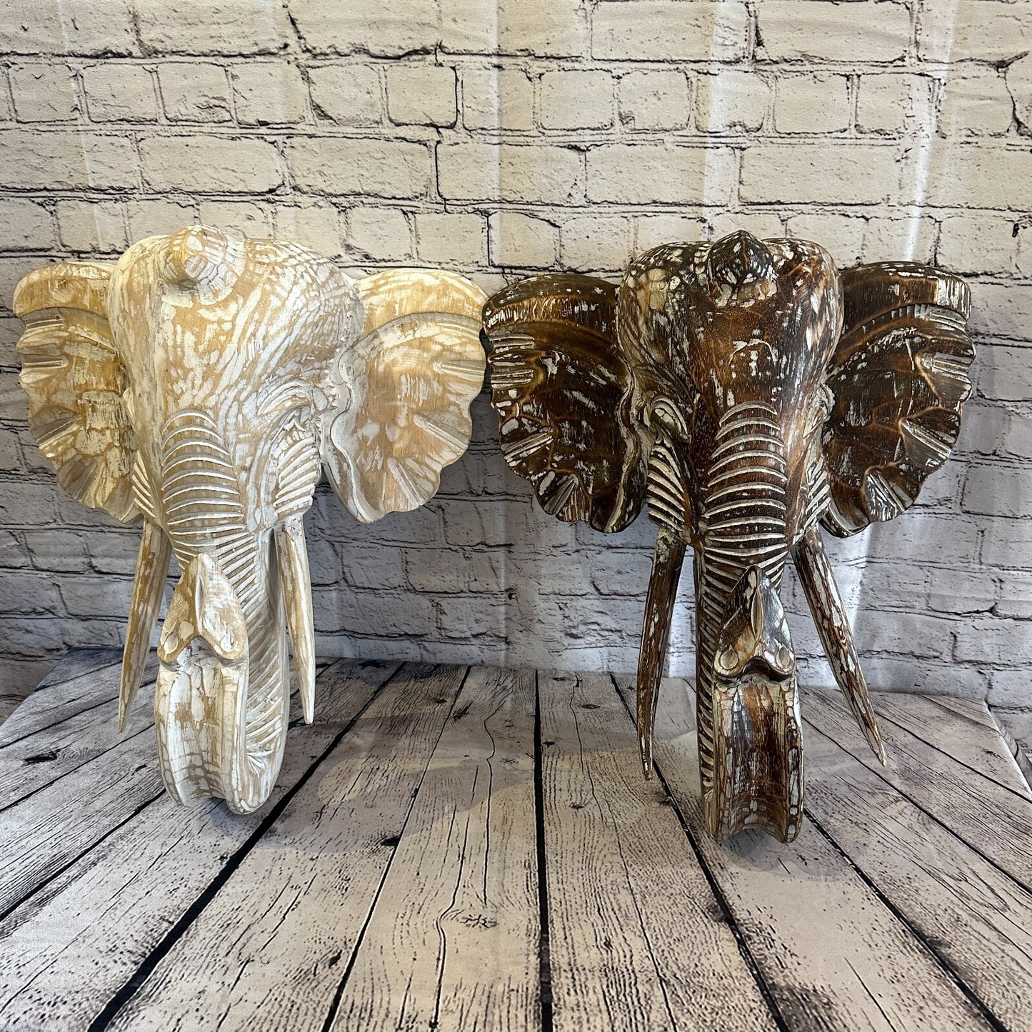 30cm x 30cm Cream White Carved Wood Elephant Head Wall Mounted Art Large Shabby