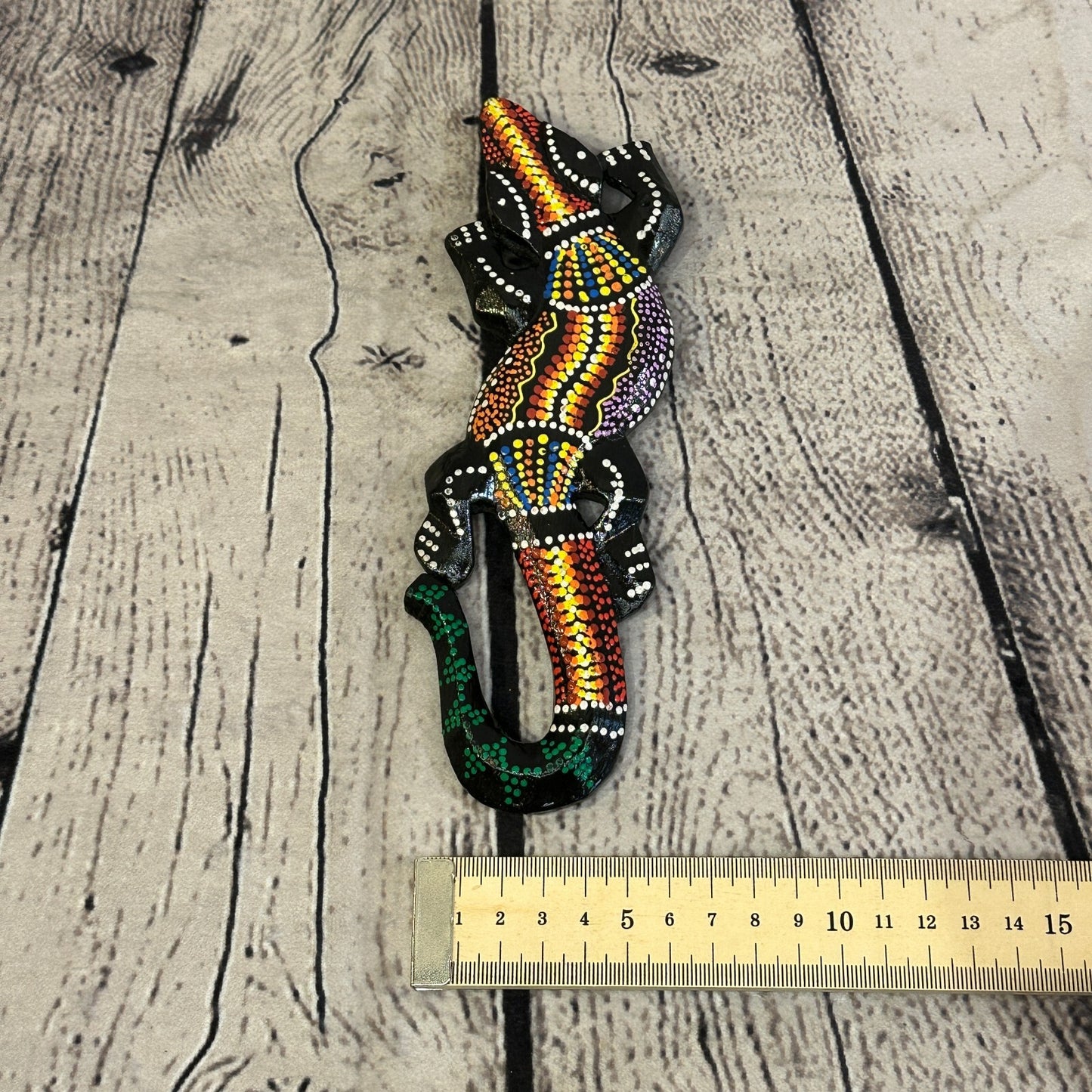 20cm Gecko Carved Wooden Dot Painted Ethnic Tribal Tiki Wall Handmade No 5