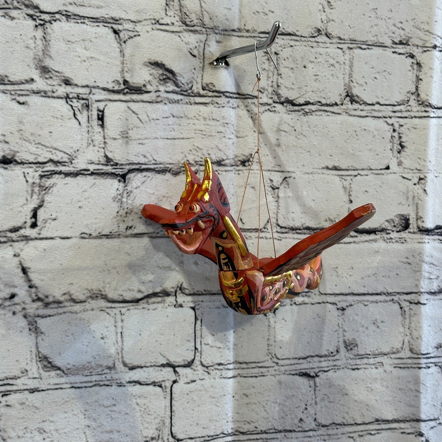 Small Red Dragon Folk Art Wood Flying Winged Mobile Spirit Chaser Guardian