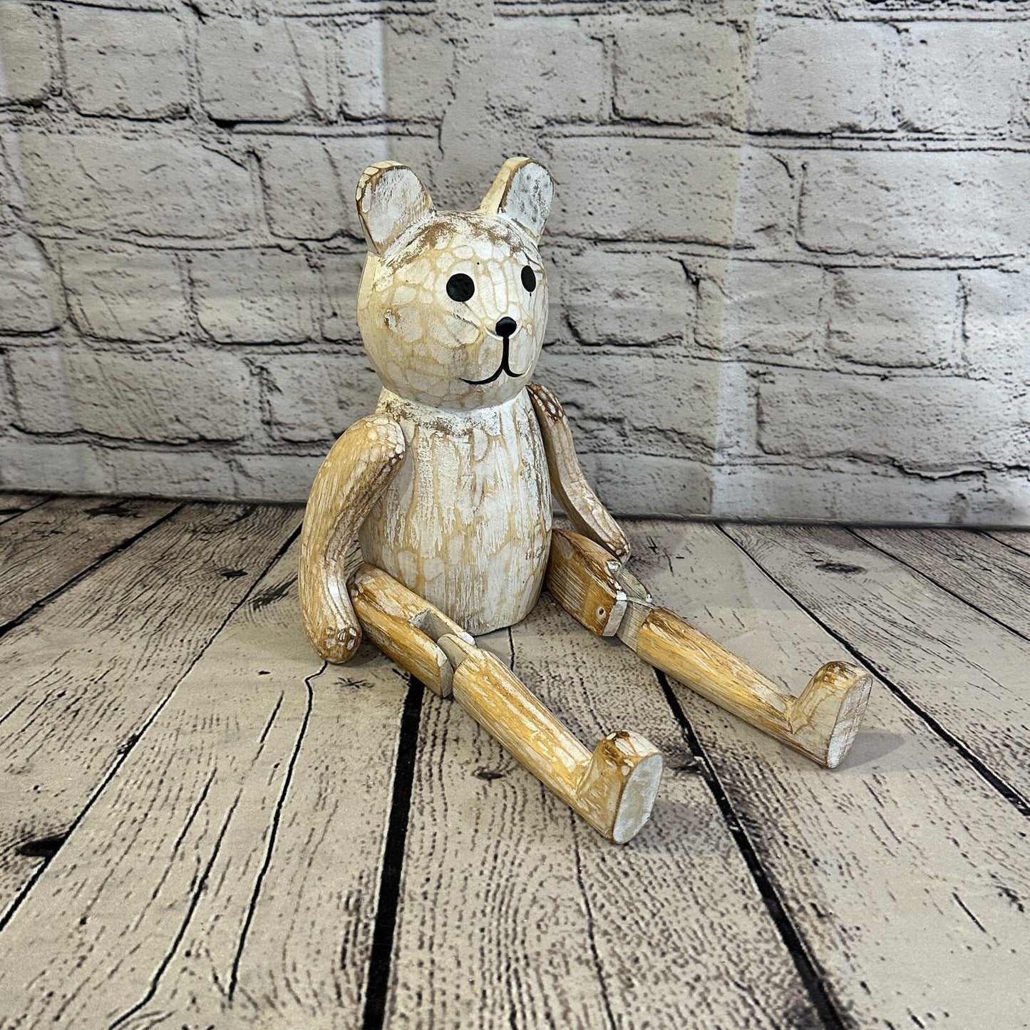 22cm Shabby White Teddy Sitting Animal Wooden Shelf Ornament Handmade Fairtrade