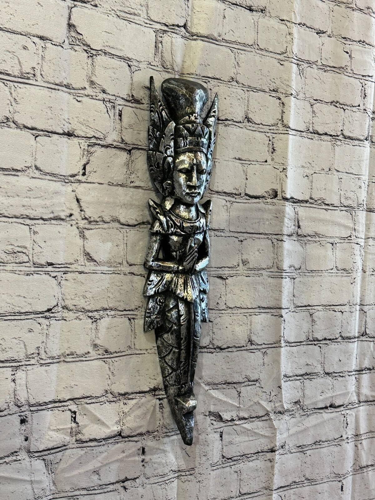 Silver Antique Colour Sita Dewi Bali Rice Goddess Wings Mermaid Wood 50cm Pair