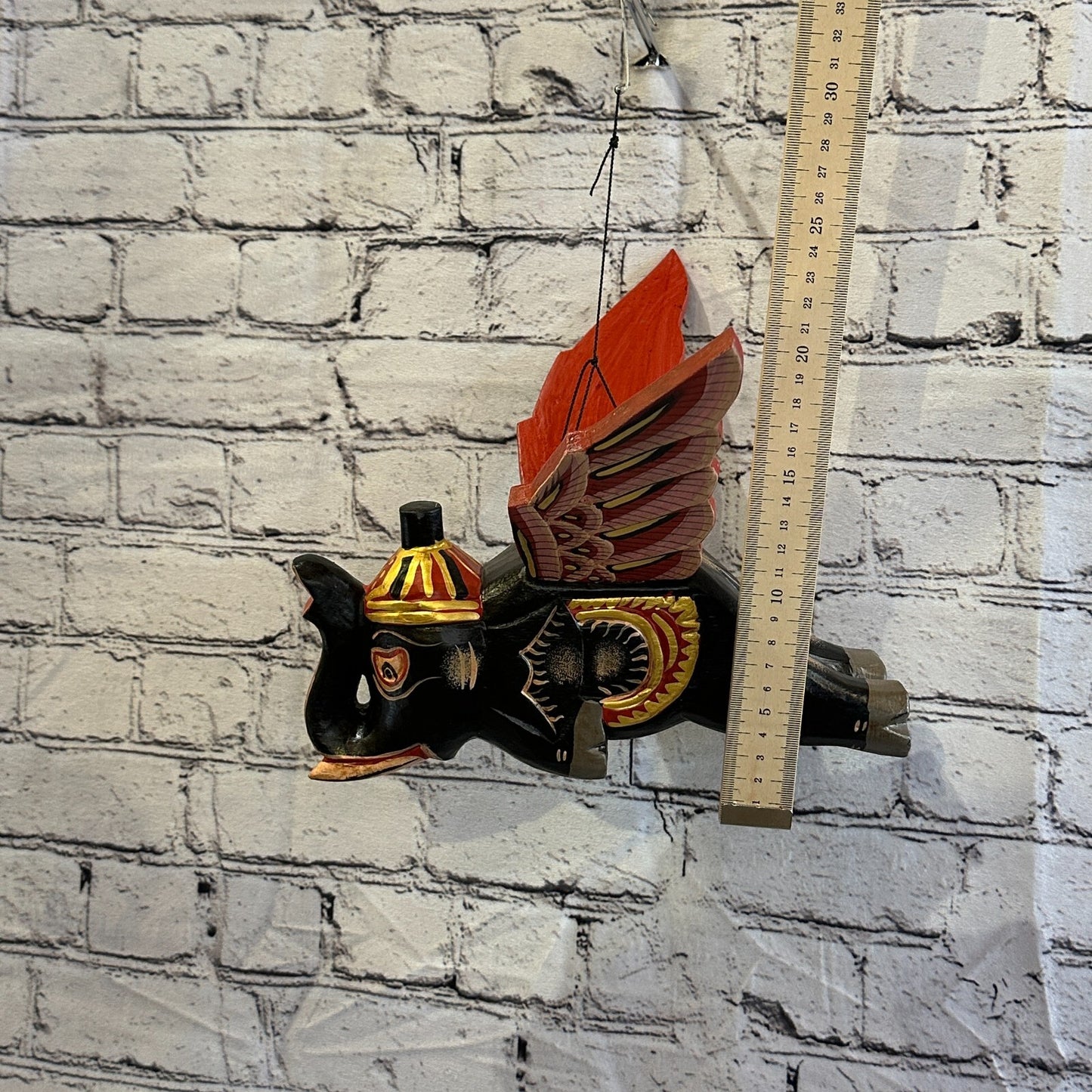 Black Elephant Folk Art Carved Wood Flying Winged Mobile Spirit Chaser Guardian