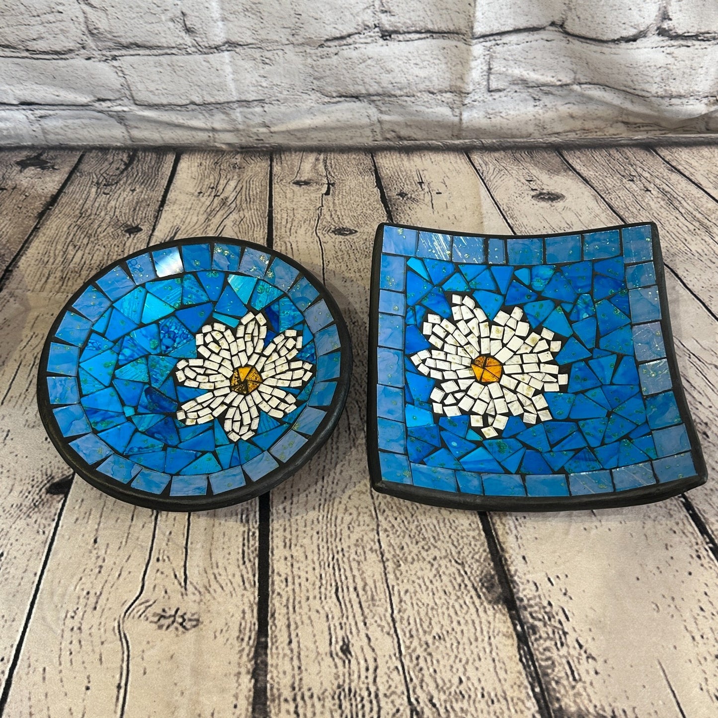 30cm Blue Daisy Flower Square Mosaic Handmade Ceramic Glass Tile Bowl Fruit