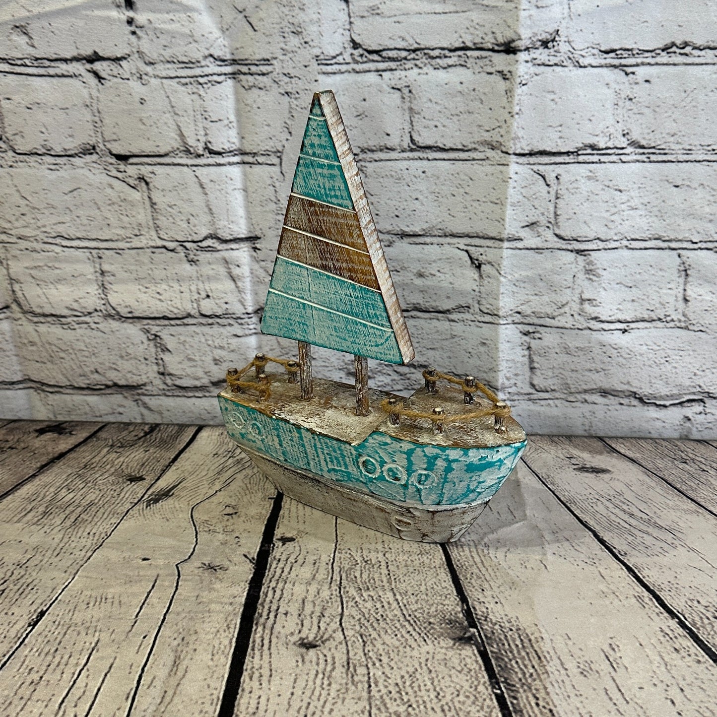 25cm Rustic Wooden Brown & Green Sailing Boat Nautical Ornament Sculpture Decor