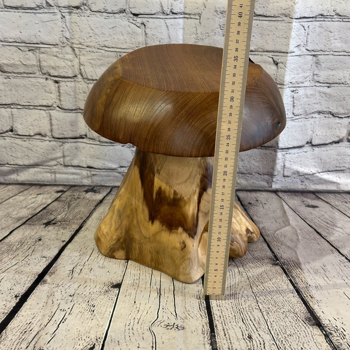 30cm x 25cm Wooden Mushroom Toadstool Sculpture Garden Teak Root Ornament Carved