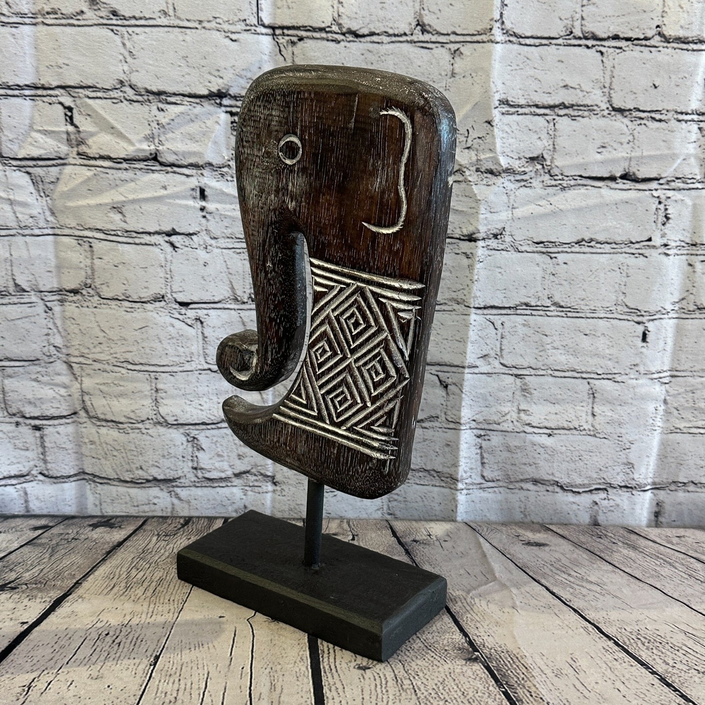40cm x 20cm Wooden Tribal Primitive Black Elephant Head Stand Sculpture Statue