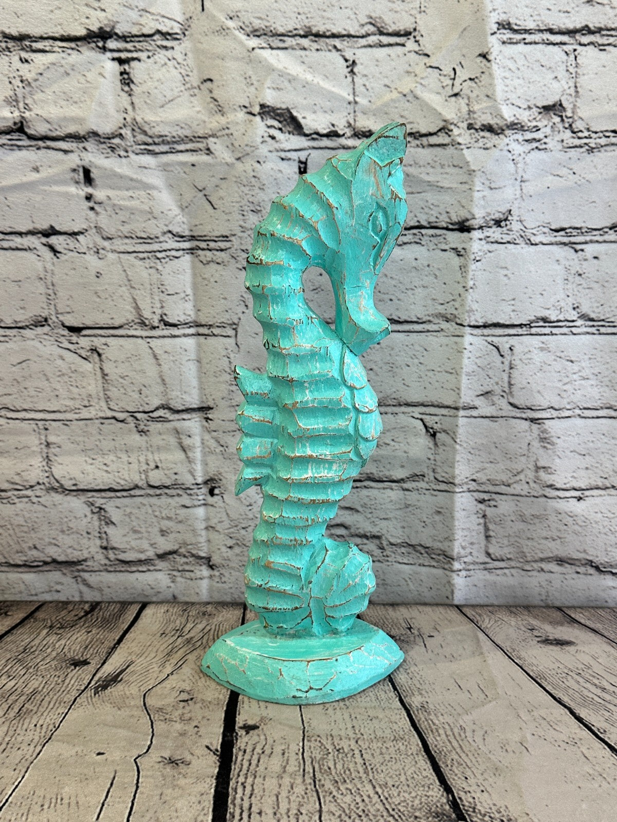 30cm Green Plain Wooden Shabby Seahorse Statue Ornament Fair Trade Handcarved