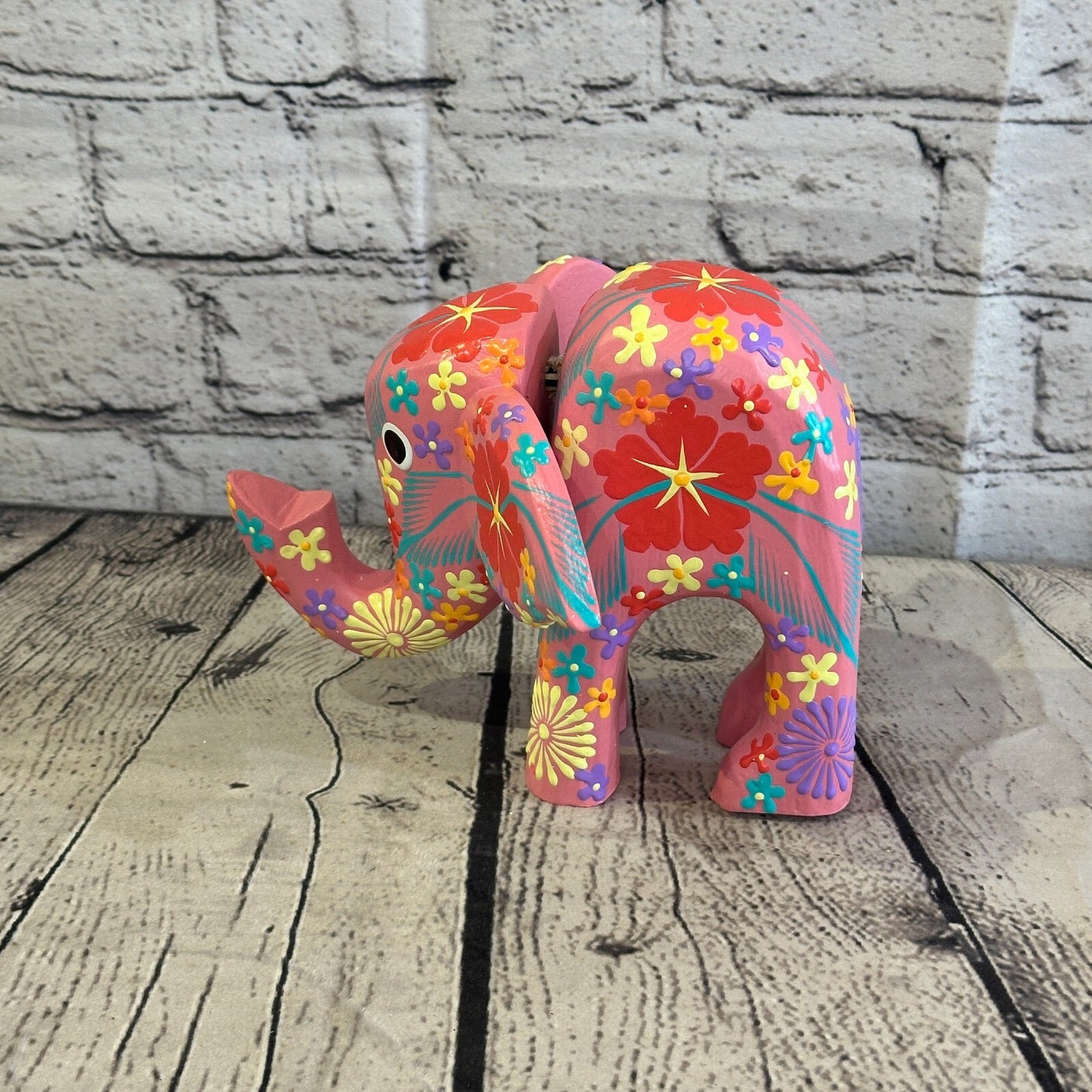 Pink Wooden Elephant With Flower Pattern 15cm x 18cm Handmade and Fairtrade