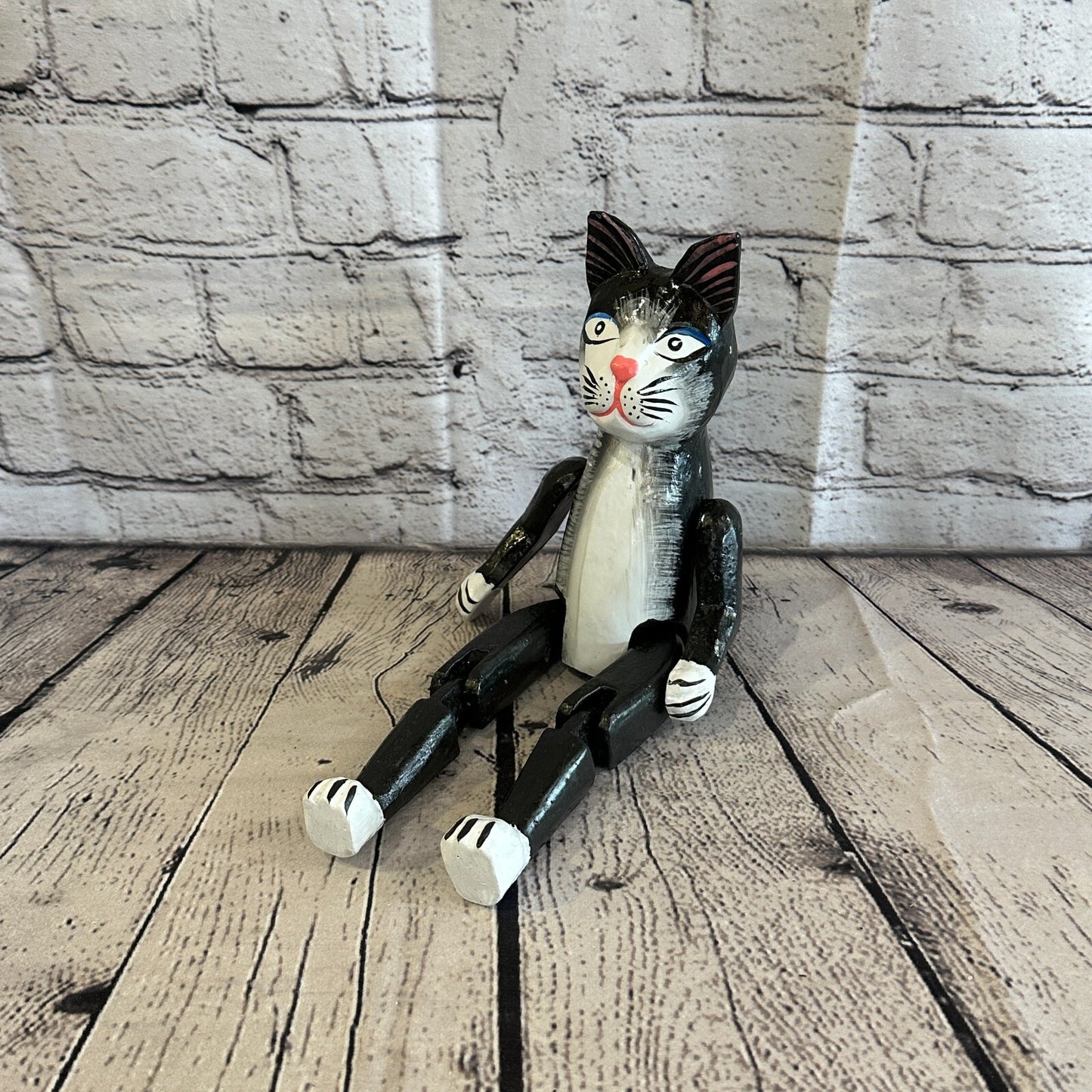 20cm Black Cat Sitting Animal, Wooden Shelf Ornament Handmade & Fairtrade