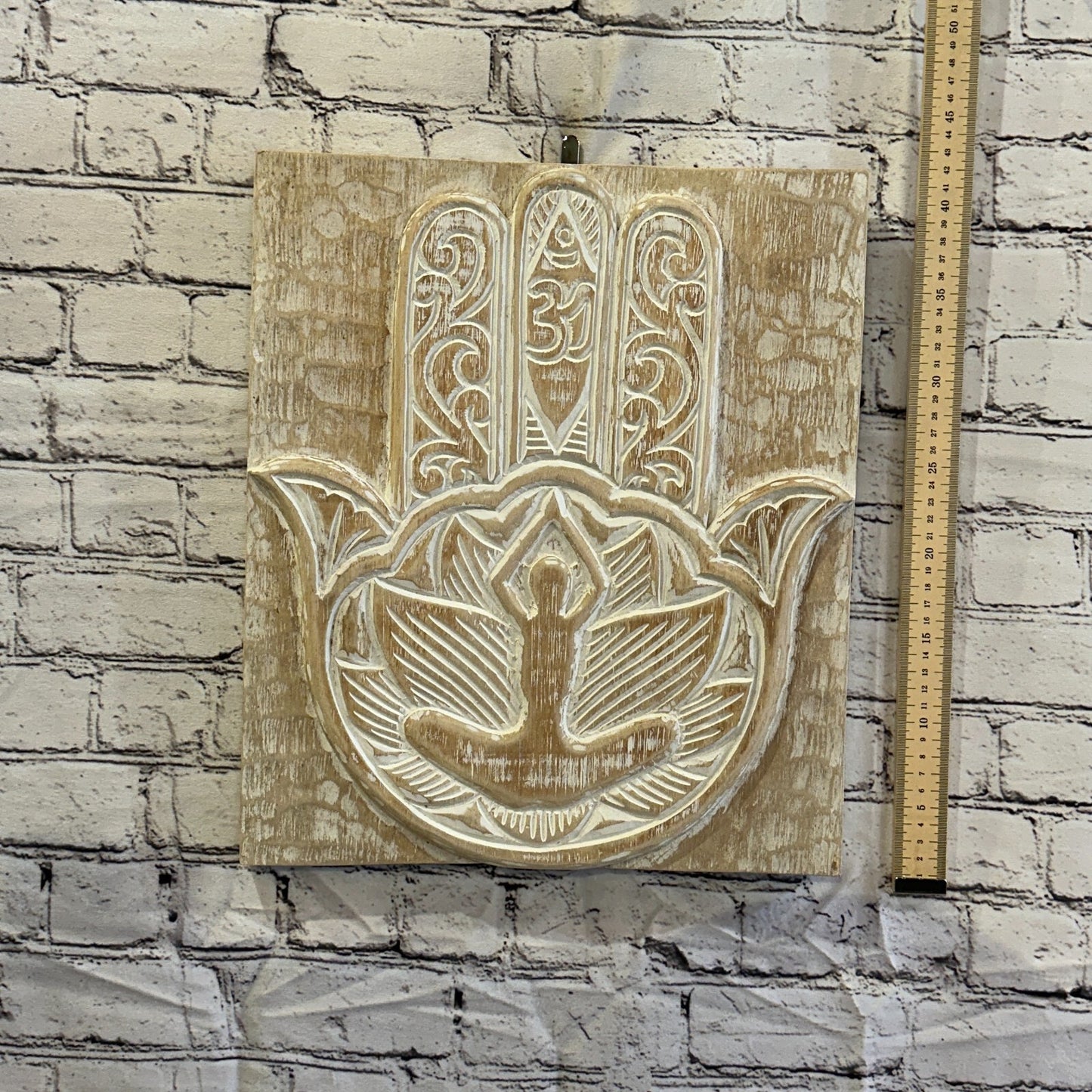 Hand Of Fatima Wooden Panel 40cm x 35cm Gold Cream Wall Art Plaque Handcarved