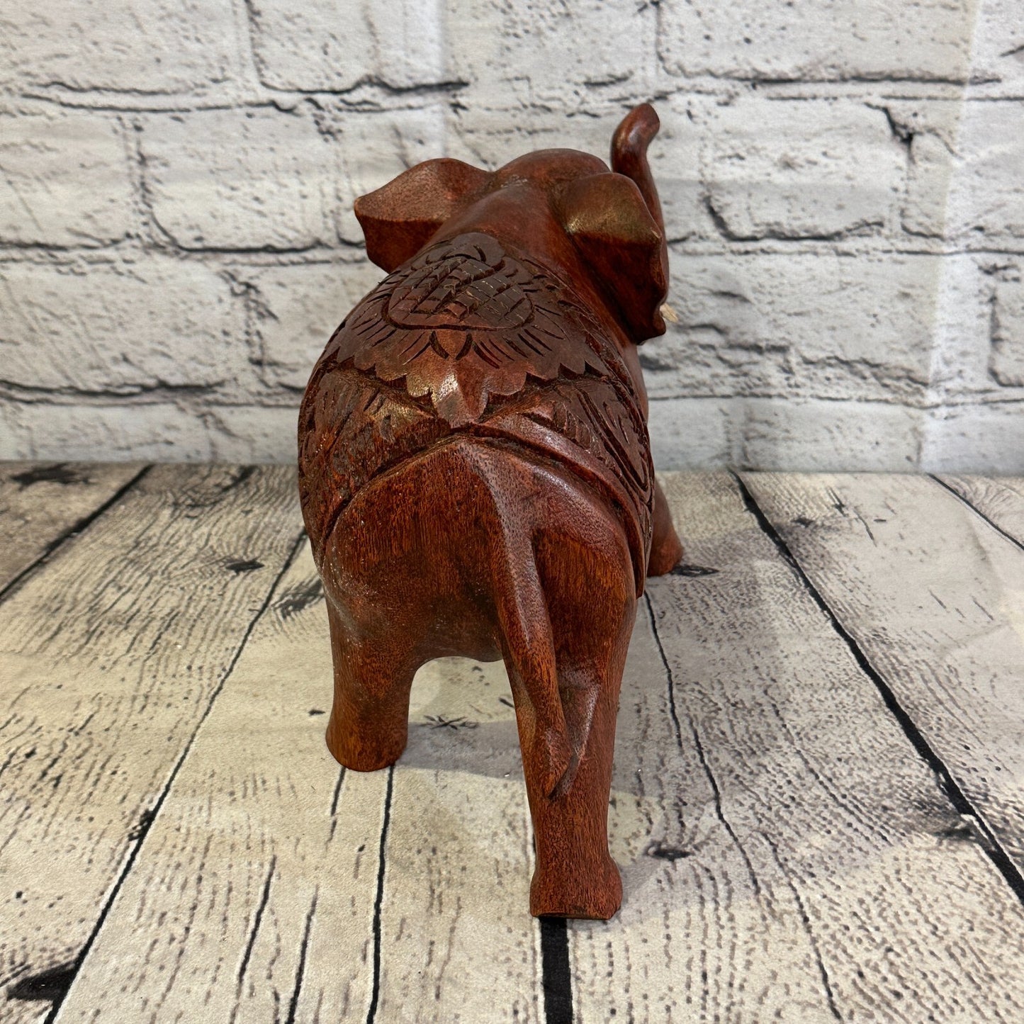 20cm x 15cm Carved Wooden Baby Elephant Wood Brown Sculpture Retro Handmade