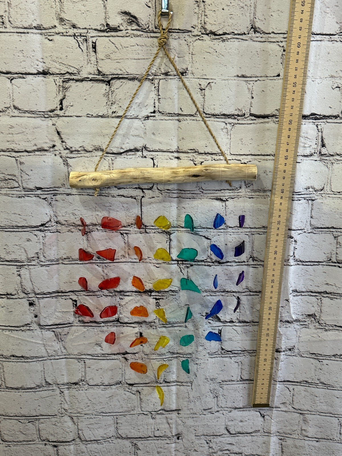 45cm x 25cm Rainbow Wind Recycled Glass Driftwood Handmade Garden Home Mobile