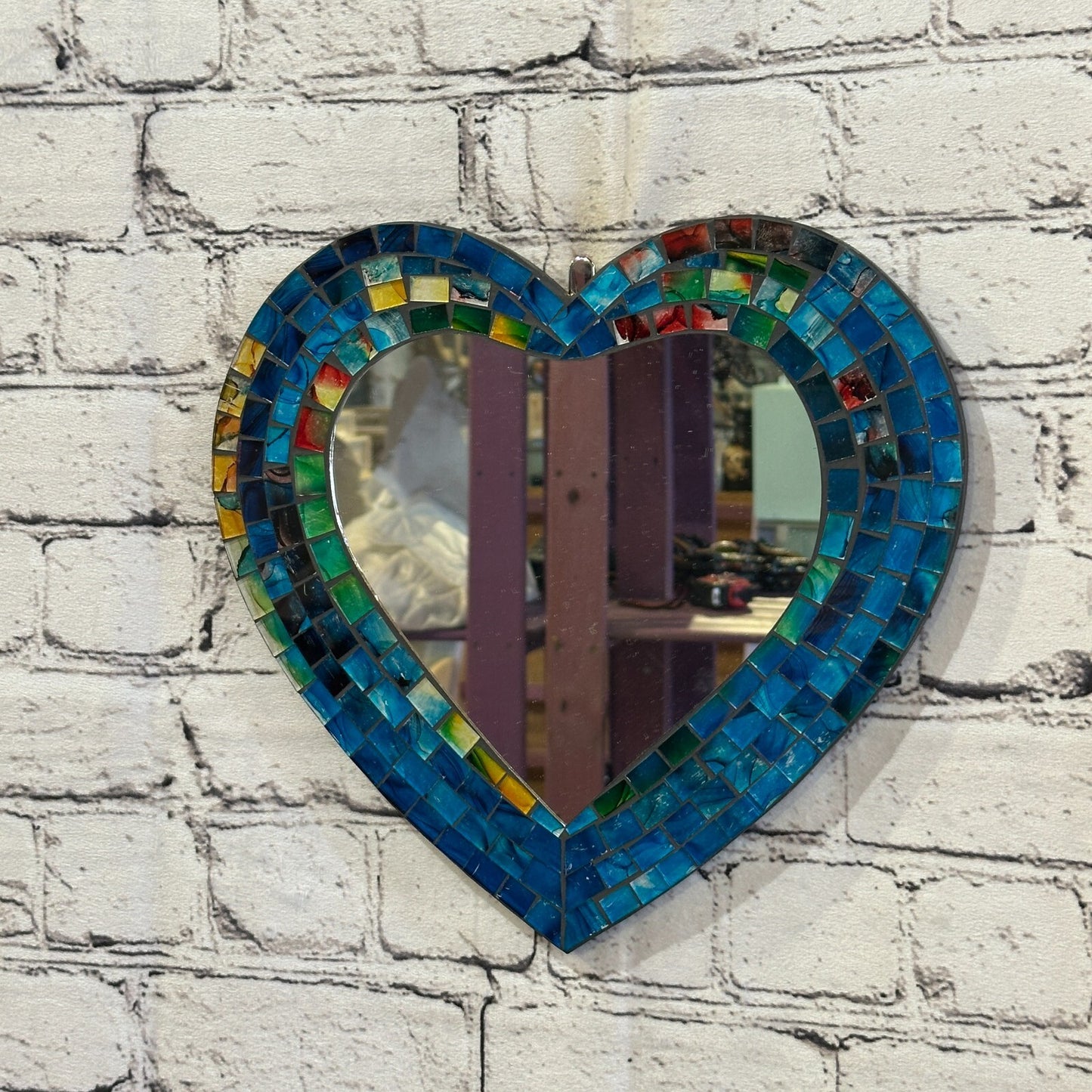 Blue Heart Shape Mosaic Tile Wall Mirror 28cm x 25cm 10 Inches Handmade New