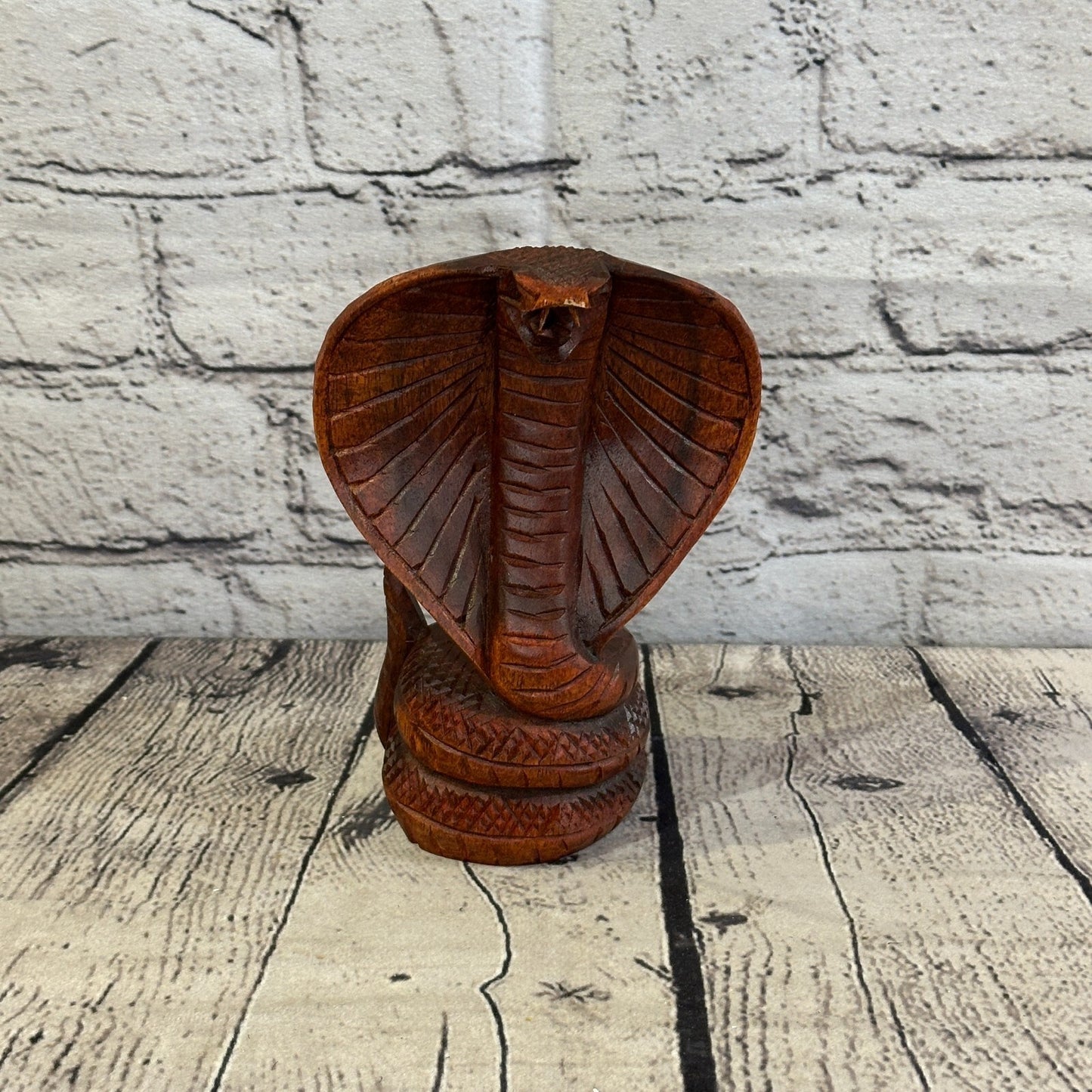 15cm x 8cm Solid Wood Cobra Carving Sculpture Decor Statue Snake Oriental Cobra