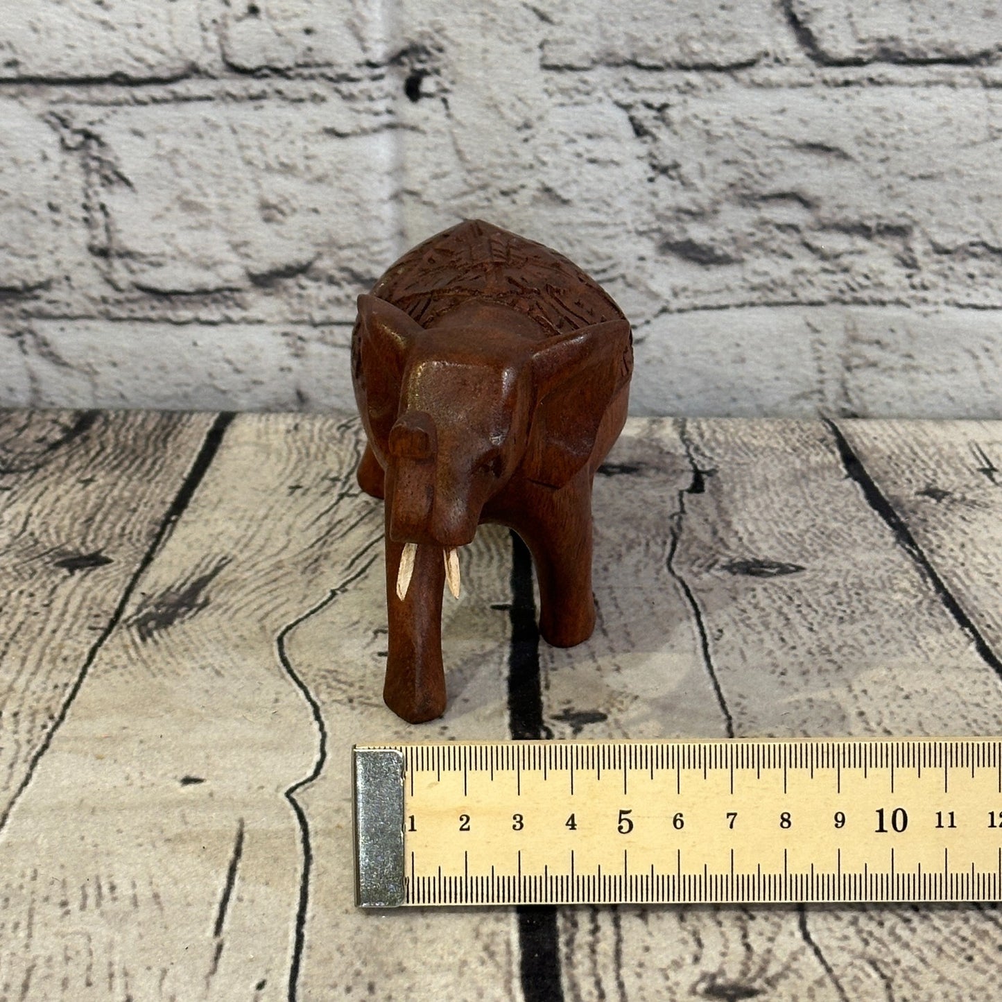 12cm x 8cm Carved Wooden Baby Elephant Wood Brown Sculpture Retro Handmade