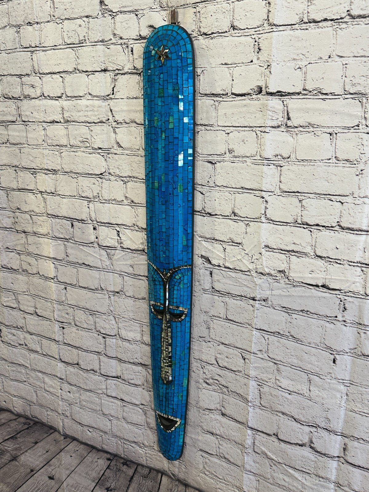 80cm Blue Mosaic Mirror Mask Carved Painted Ethnic Tribal Wall Art Handmade