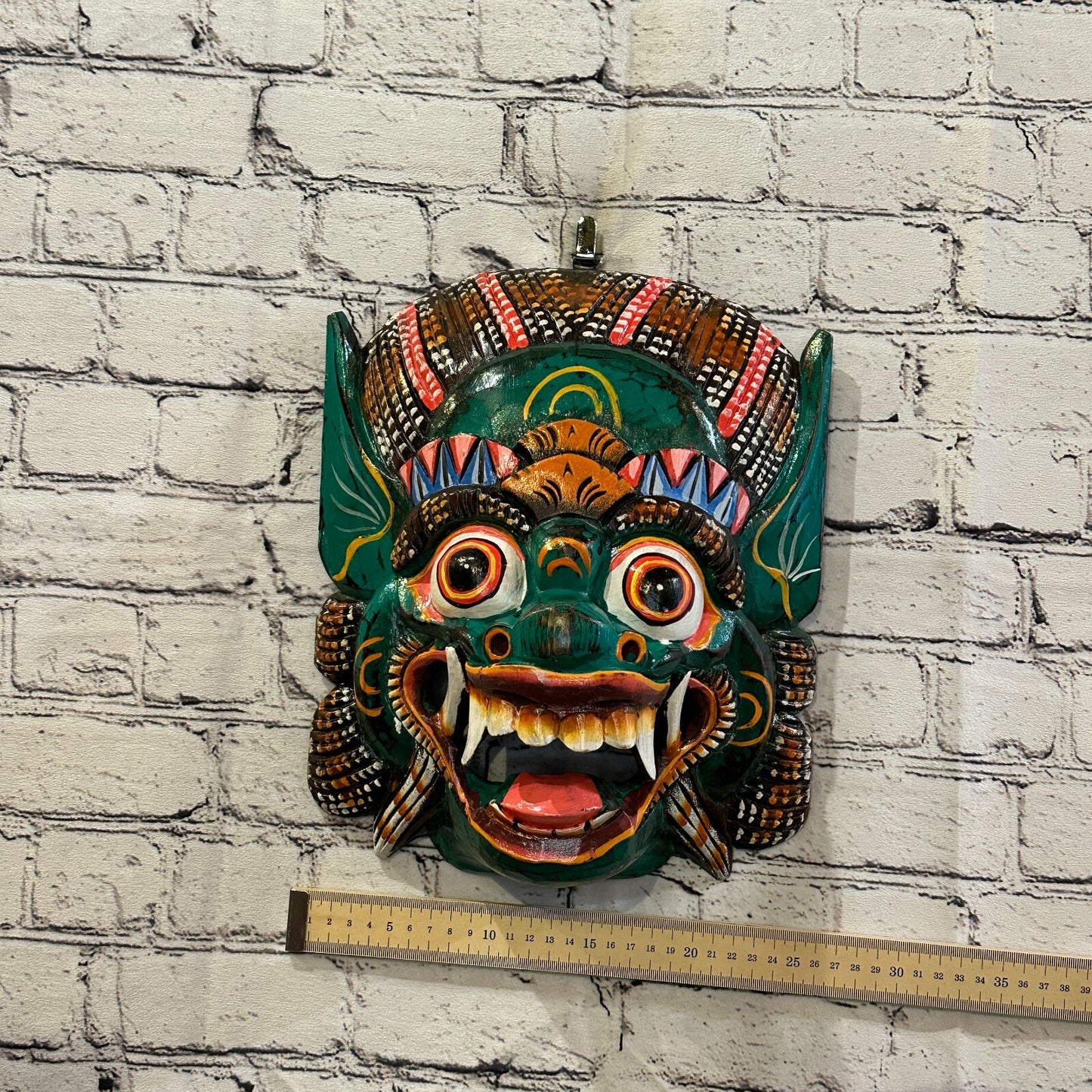 Large Wooden Green Barong Wall Mask 30cm x 25cm Handmade And Fairtrade