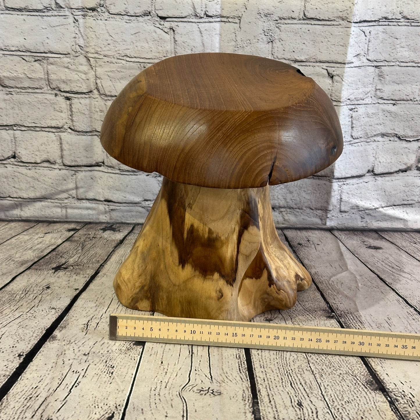 30cm x 25cm Wooden Mushroom Toadstool Sculpture Garden Teak Root Ornament Carved