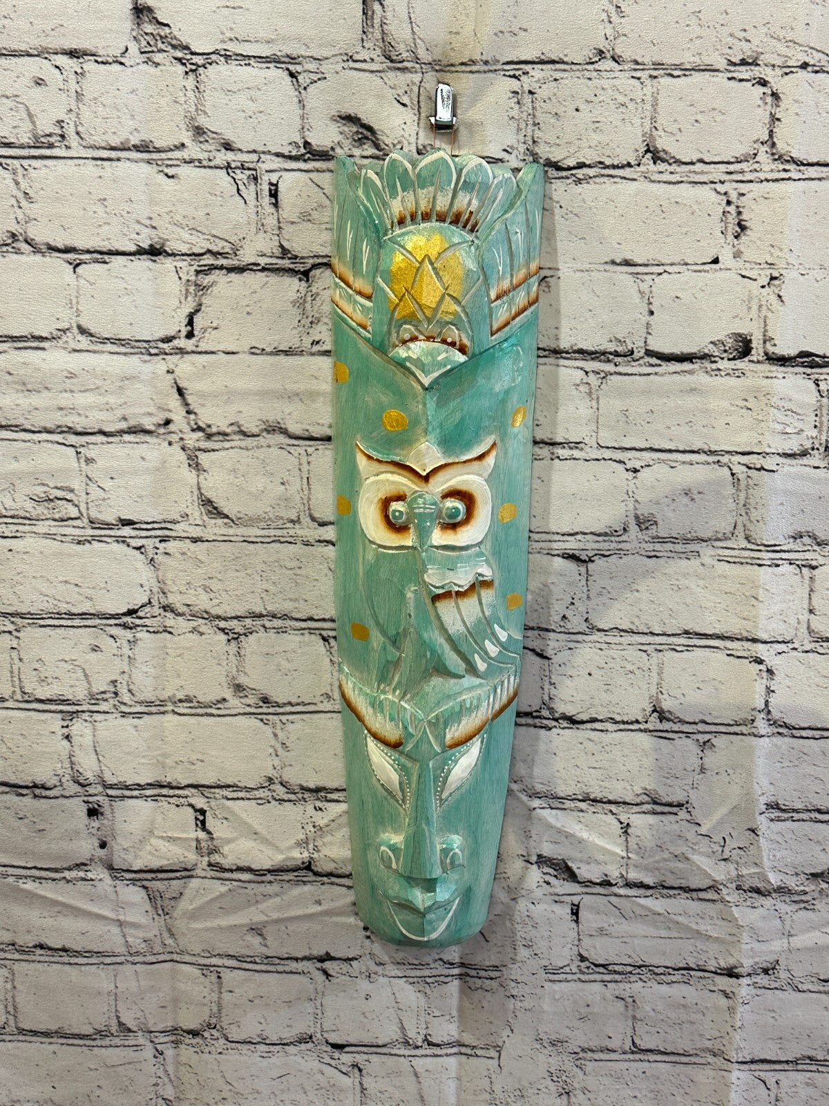 50cm Green Owl Hand Carved Fair Trade Wooden Animal Wall Art Wall Hang Mask