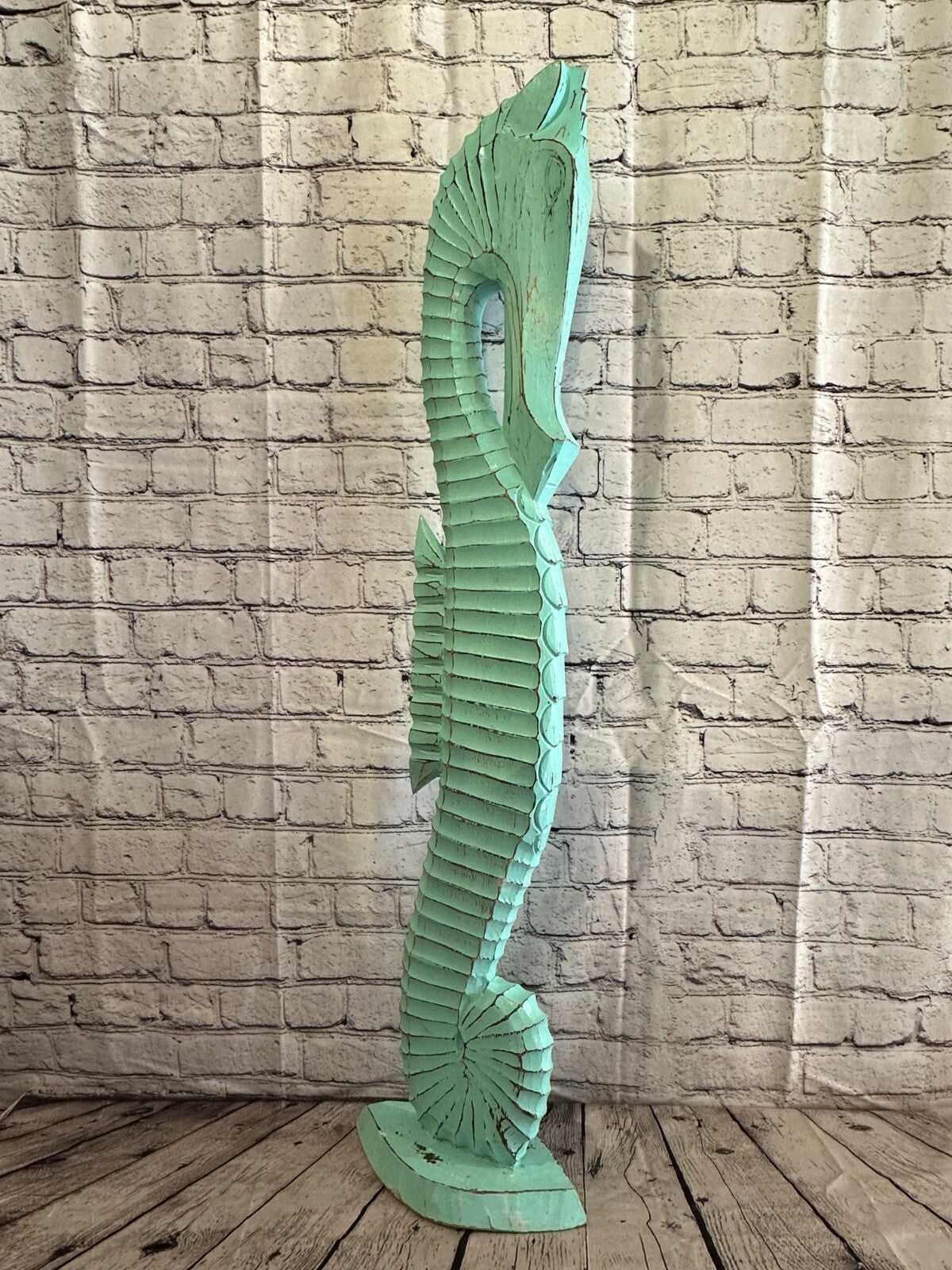 100cm Green Plain Wooden Shabby Seahorse Statue Ornament Fair Trade Handcarved