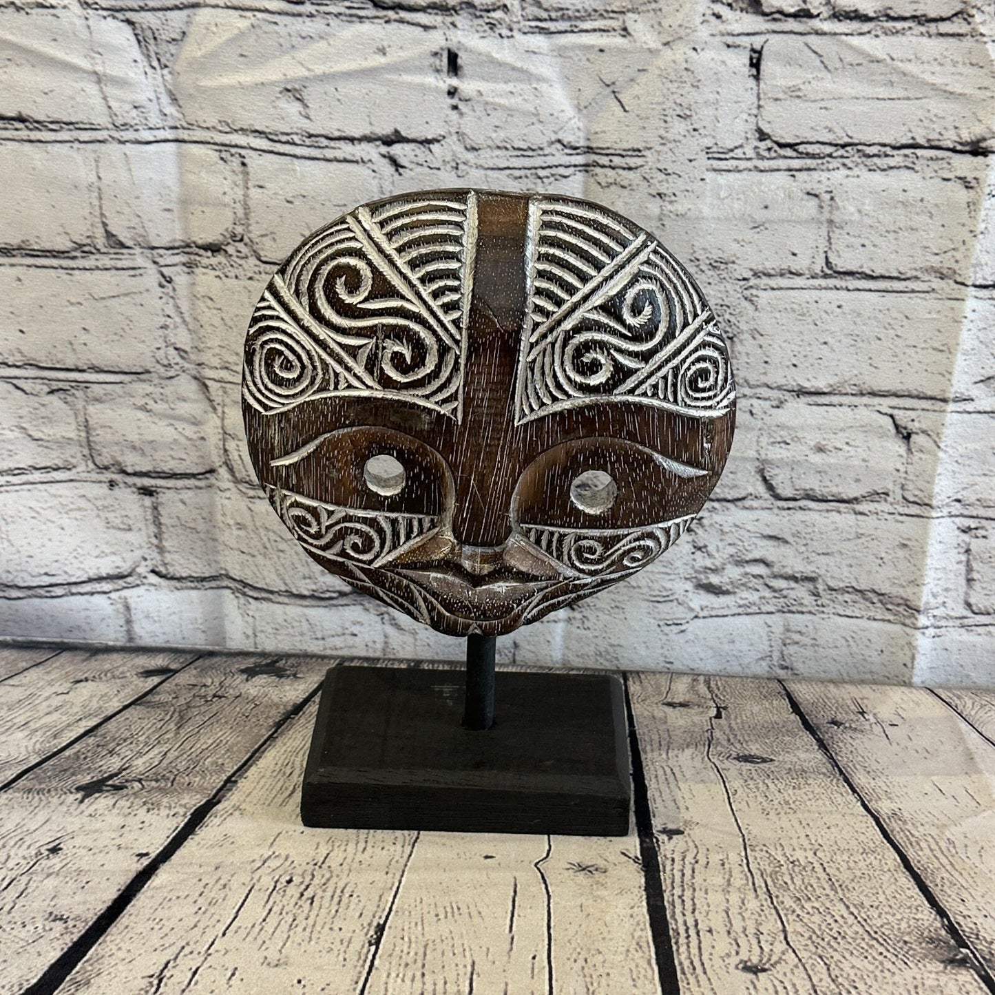 25cm x 20cm Wooden Tribal Primitive Black Mask Stand Sculpture Statue Art
