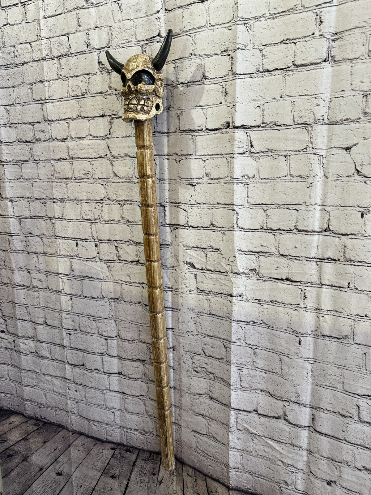 Skull Head With Horns 100cm Tribal Walking Stick Cane Hand Carved Light Wood