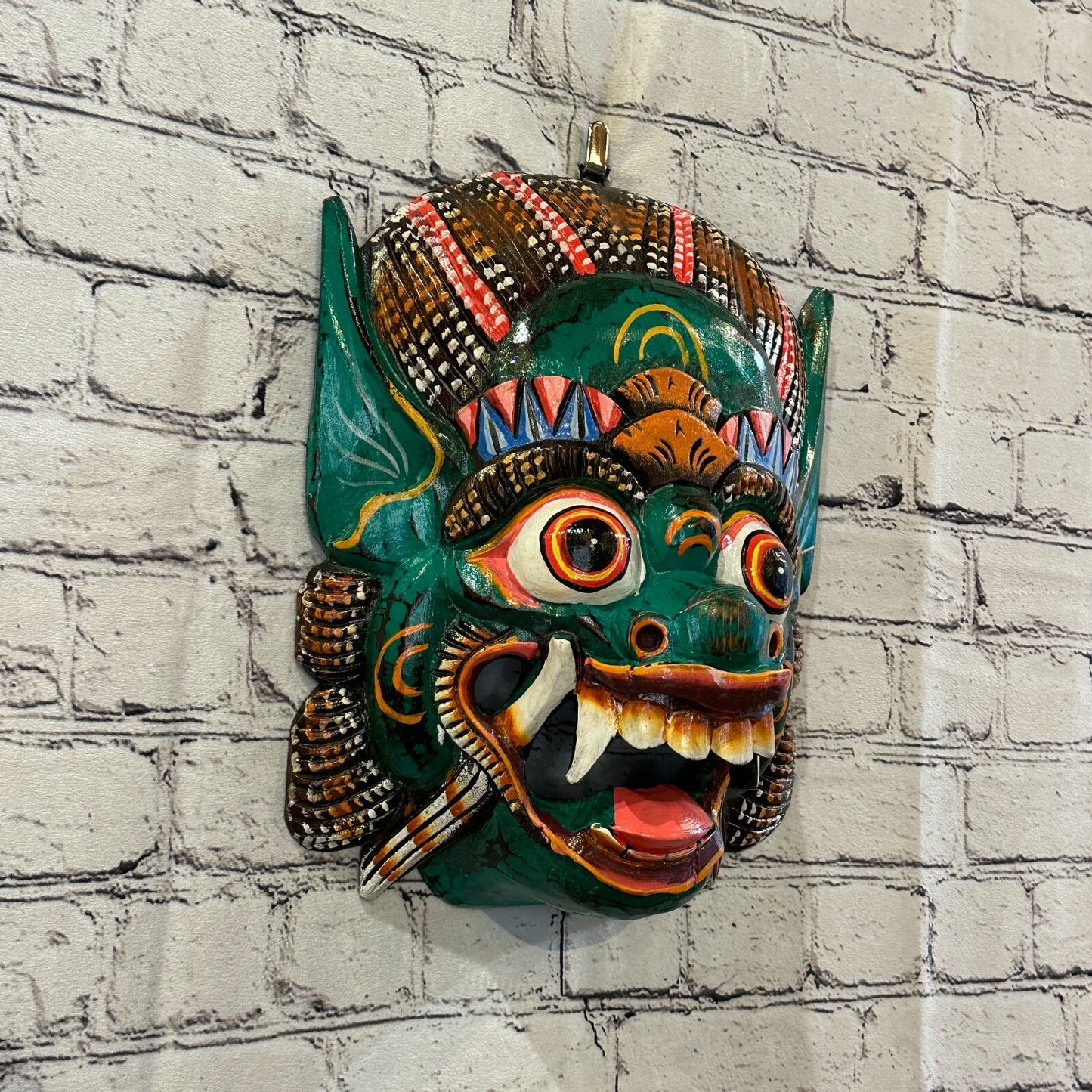 Large Wooden Green Barong Wall Mask 30cm x 25cm Handmade And Fairtrade
