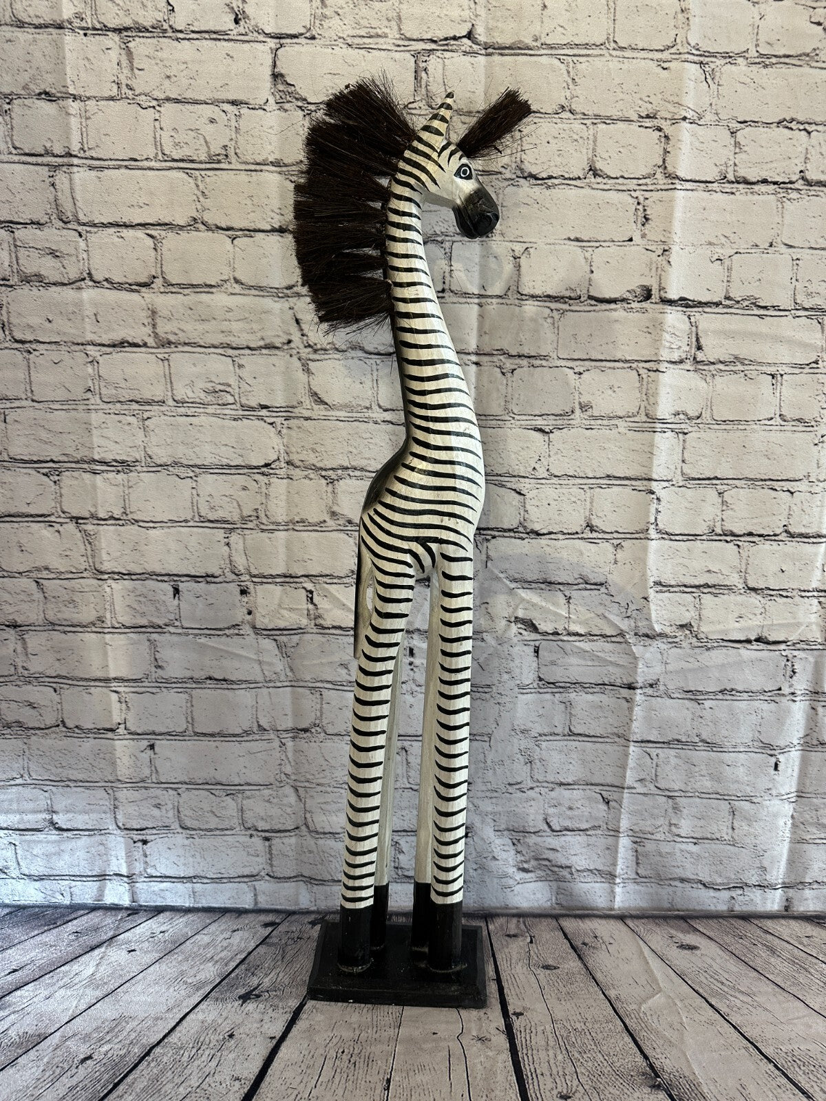 80cm White Black Painted Wood Zebra Tall Statue Wood Modern Hand Carved Painted