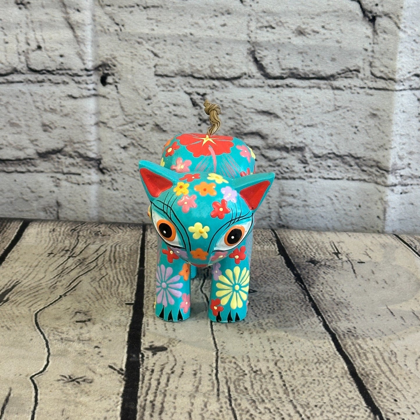 Blue Small Wooden Cat With Flower Pattern 10cm x 8cm Handmade and Fairtrade