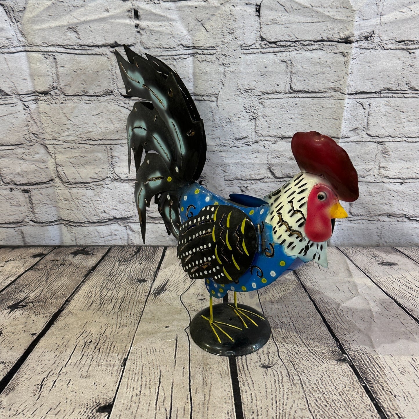40cm x 25cm Black Blue Metal Chicken Ornament Painted Statue Candle Holder