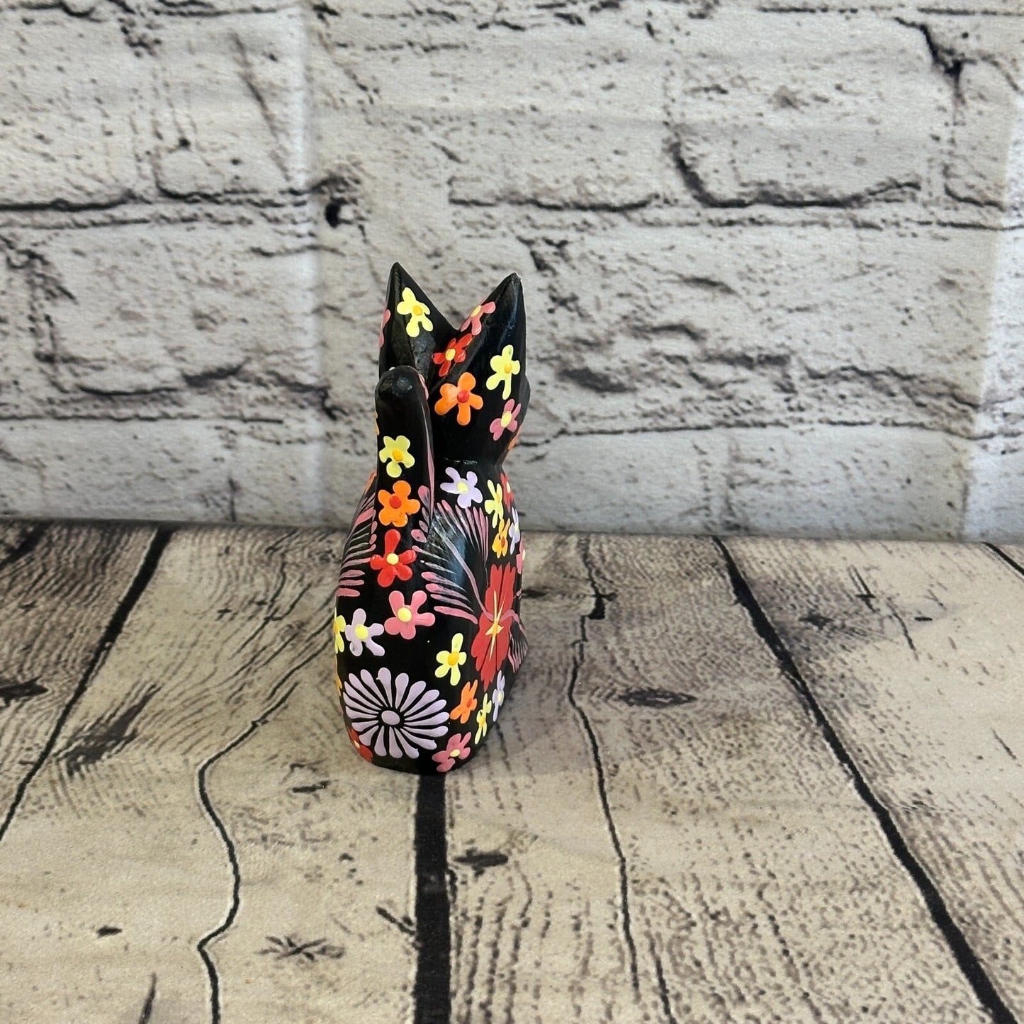 Black Small Wooden Cat With Flower Pattern 12cm x 6cm Handmade and Fairtrade
