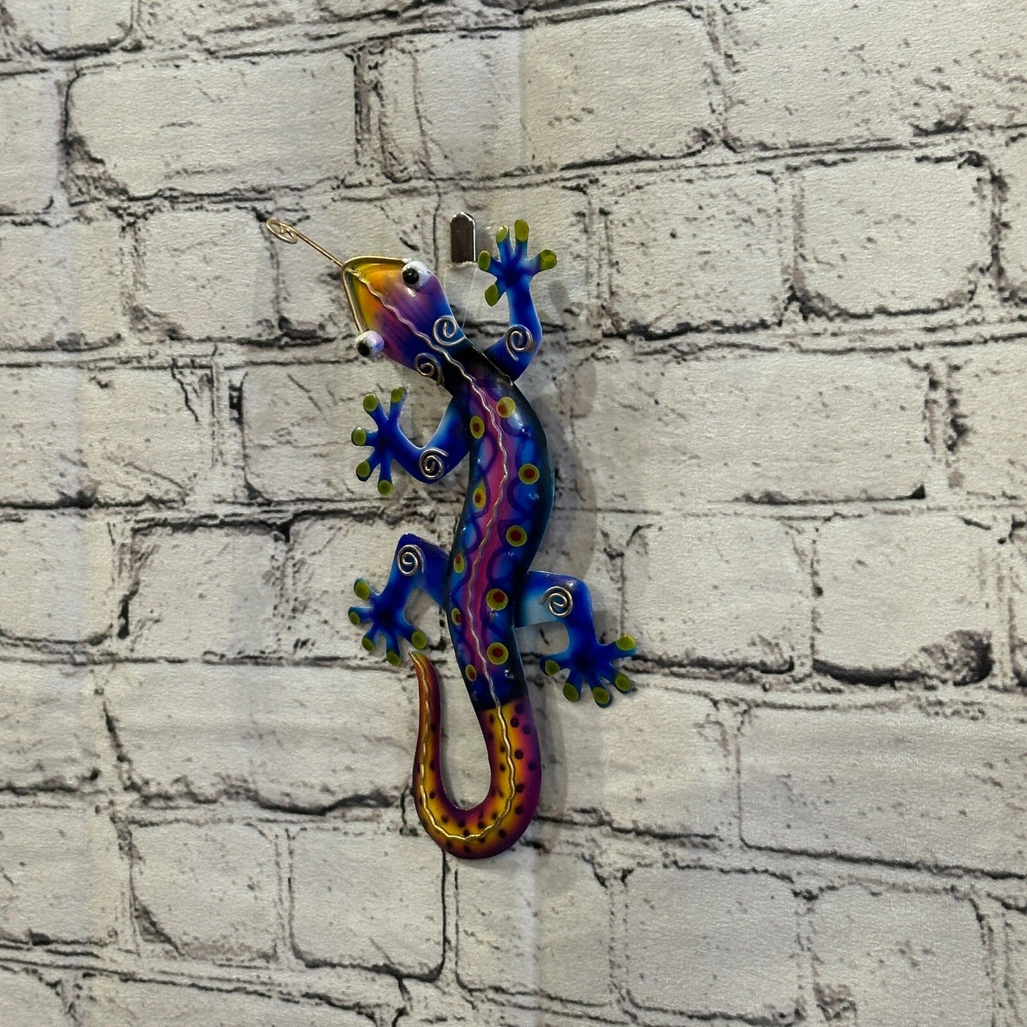 20cm x 10cm Blue Gecko Lizard Metal Tin Wall Hanging Ornament Painted Statue