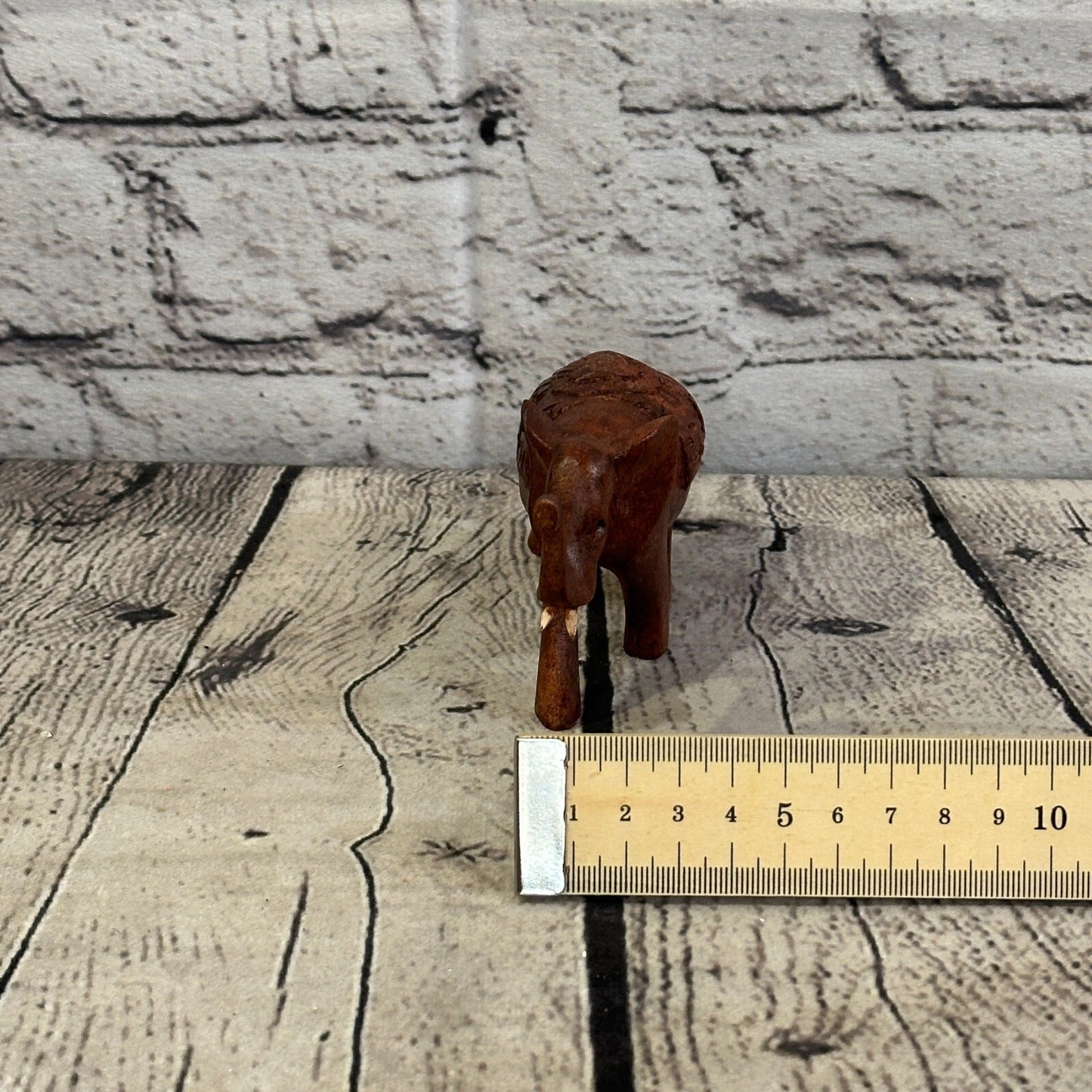 10cm x 6cm Carved Wooden Baby Elephant Wood Brown Sculpture Retro Handmade
