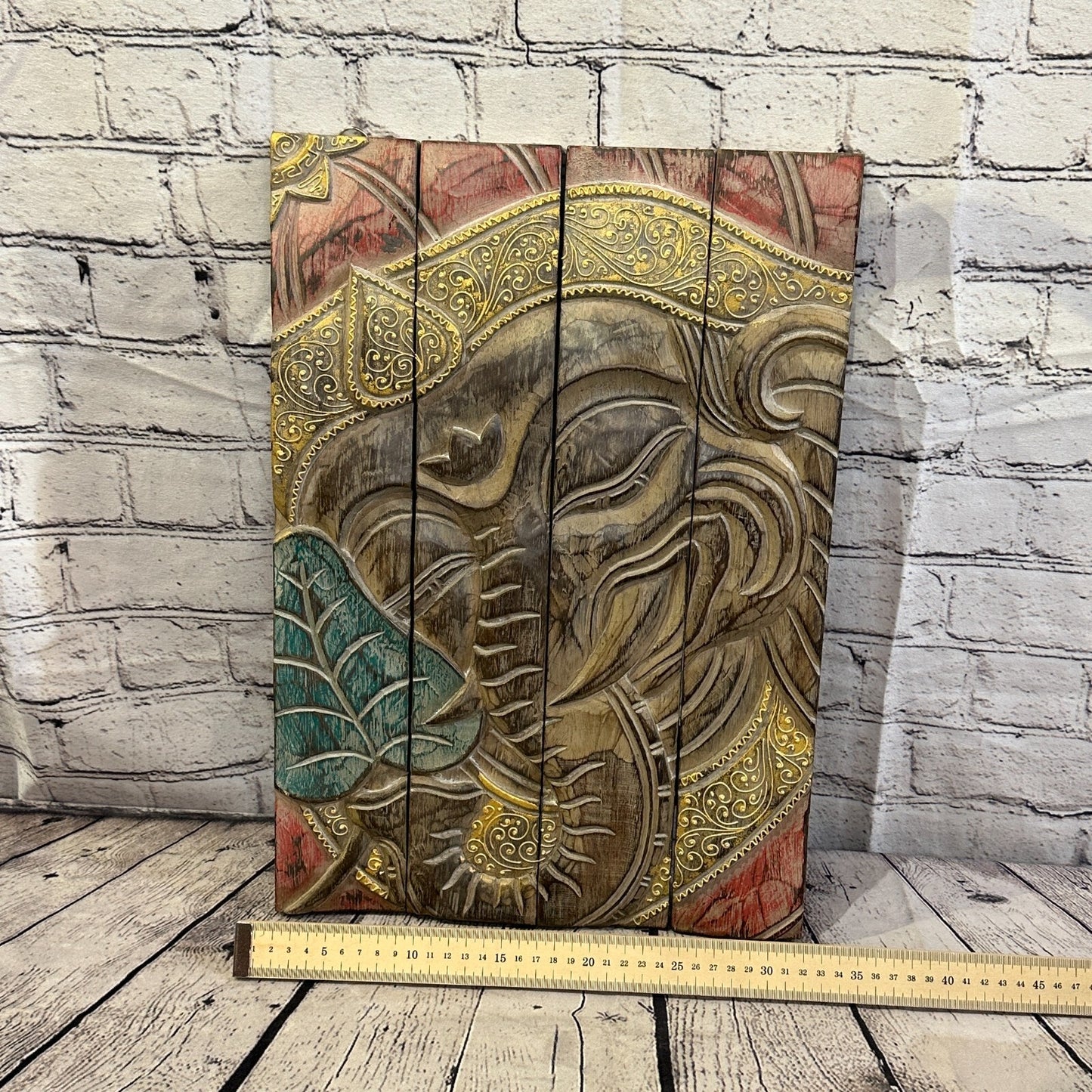 Wooden Wood Panel 45cm Pastel Colour Ganesh Lotus Wall Art Plaque Handcarved