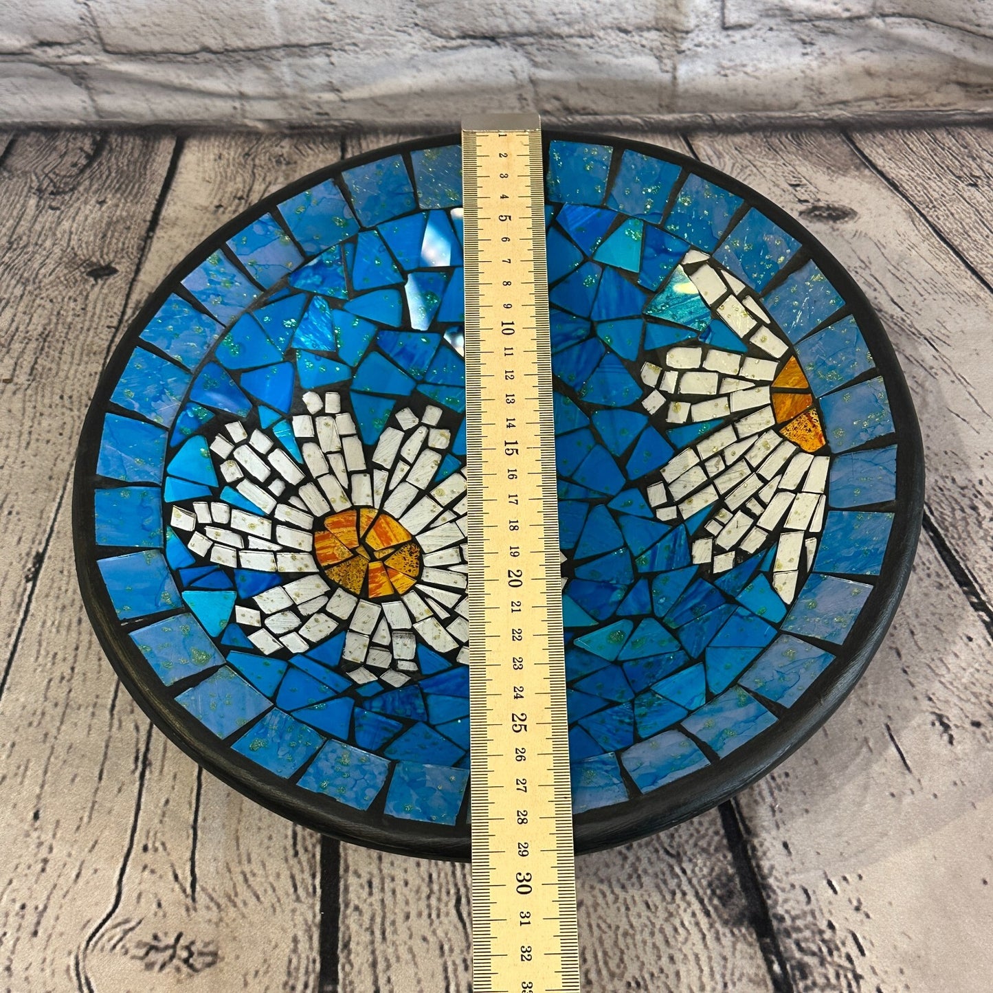 28cm Blue Daisy Flower Round Mosaic Handmade Ceramic Glass Tile Bowl Fruit