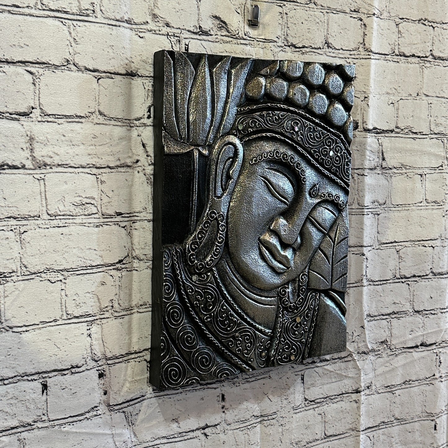 Wooden Wood Panel 40cm Brown Silver Buddha Tall Lotus Wall Art Plaque Handcarved