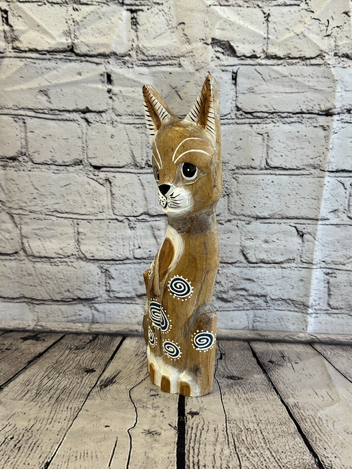 30cm Light Brown Flower Wooden Shabby Cat Statue Ornament Fair Trade Handcarved