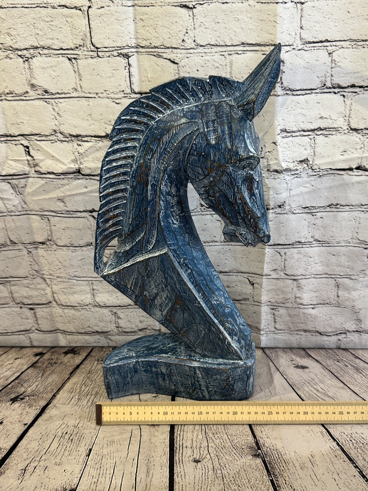 Blue Wooden 50cm x 25cm Horse Head Bust Hand Carved Wood Sculpture