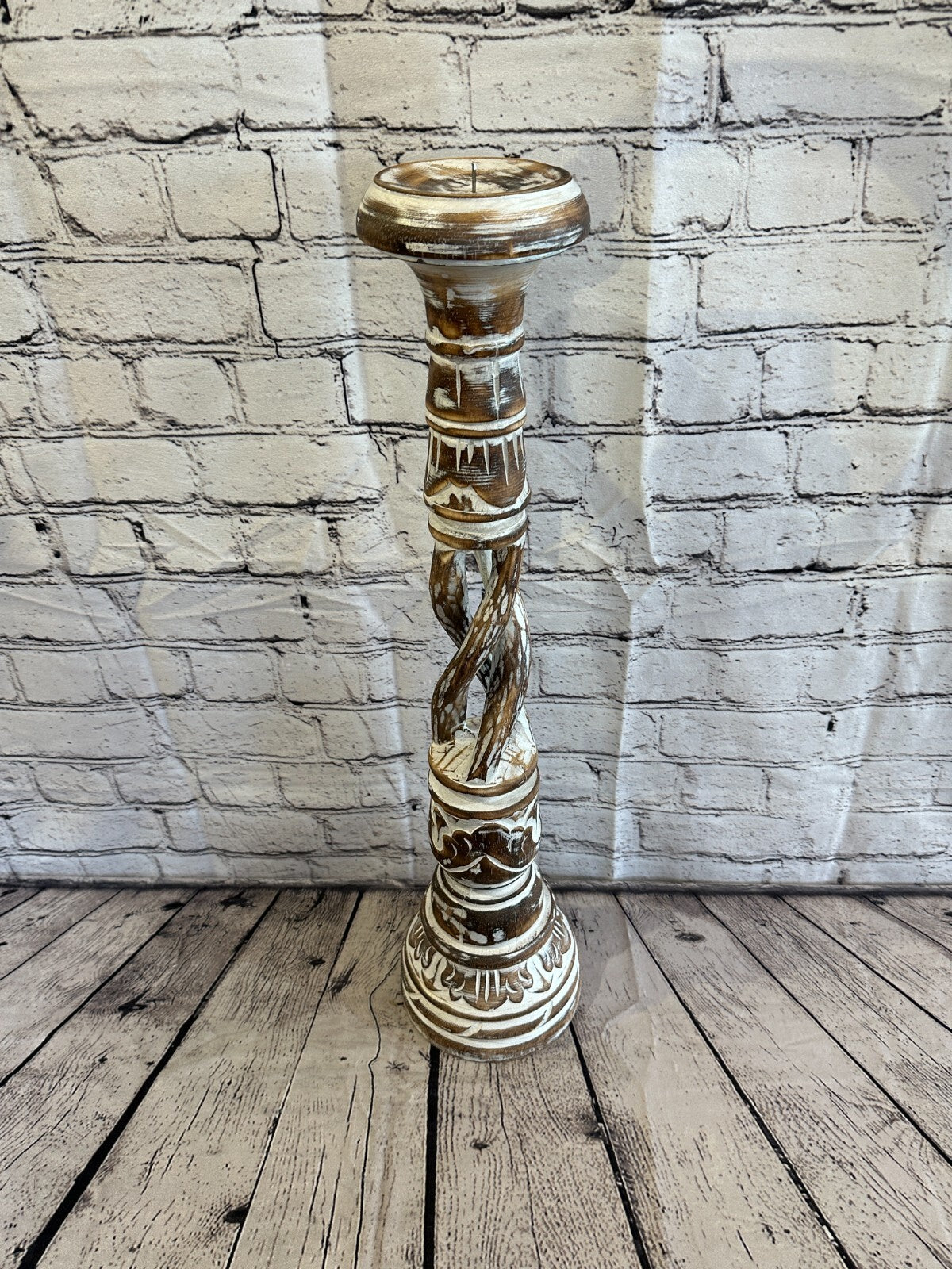 60cm Brown Tall Candlestick Shabby Chic Distressed Twist Column Candle Holder