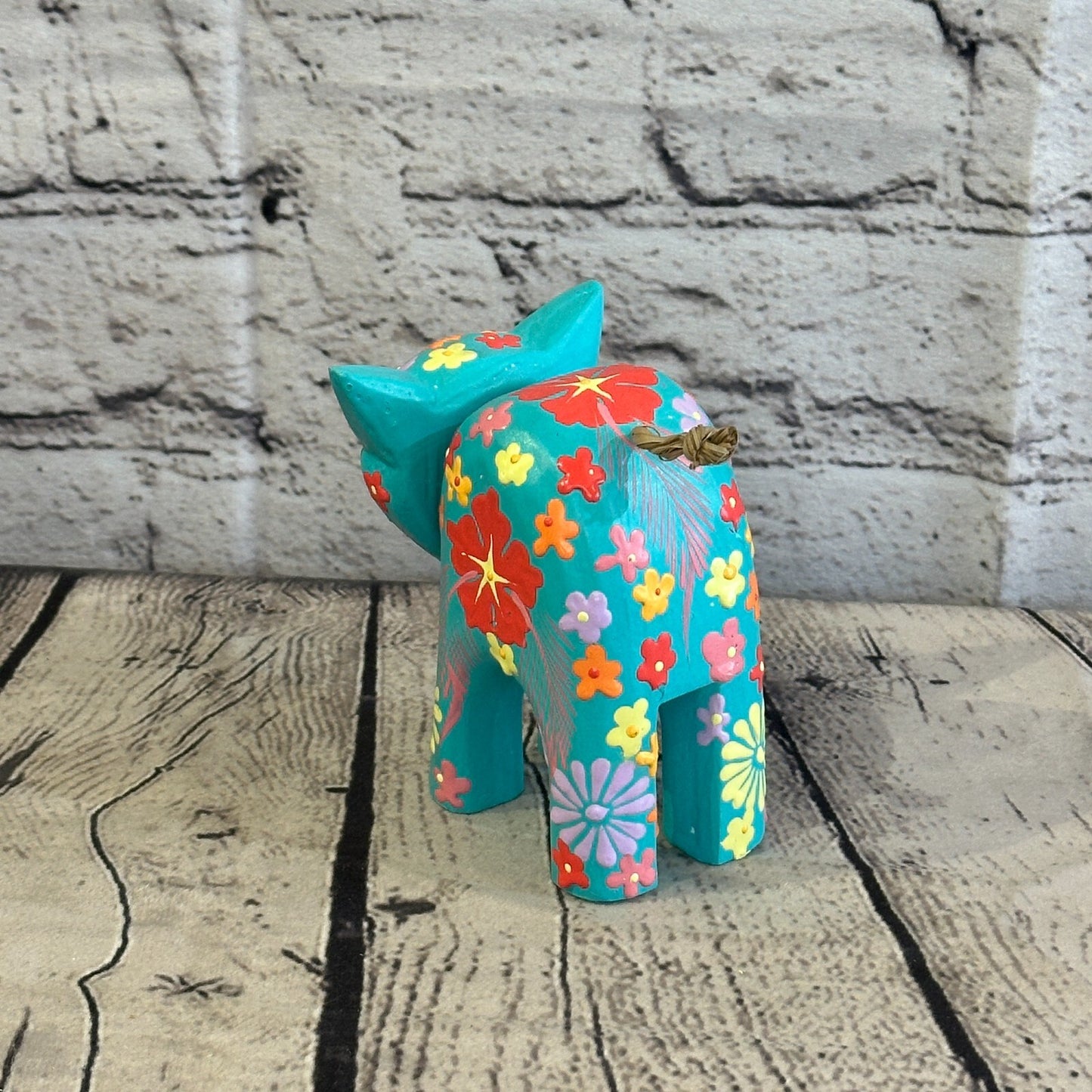 Blue Small Wooden Cat With Flower Pattern 10cm x 8cm Handmade and Fairtrade