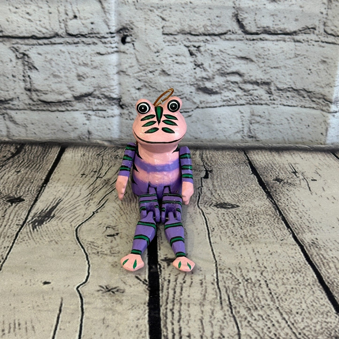 10cm Purple Frog Sitting Animal, Wooden Shelf Ornament Handmade and Fairtrade