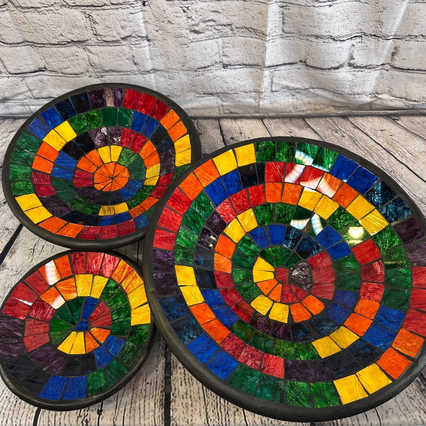 28cm Rainbow Blocks Round Mosaic Handmade Ceramic Glass Tile Bowl Fruit