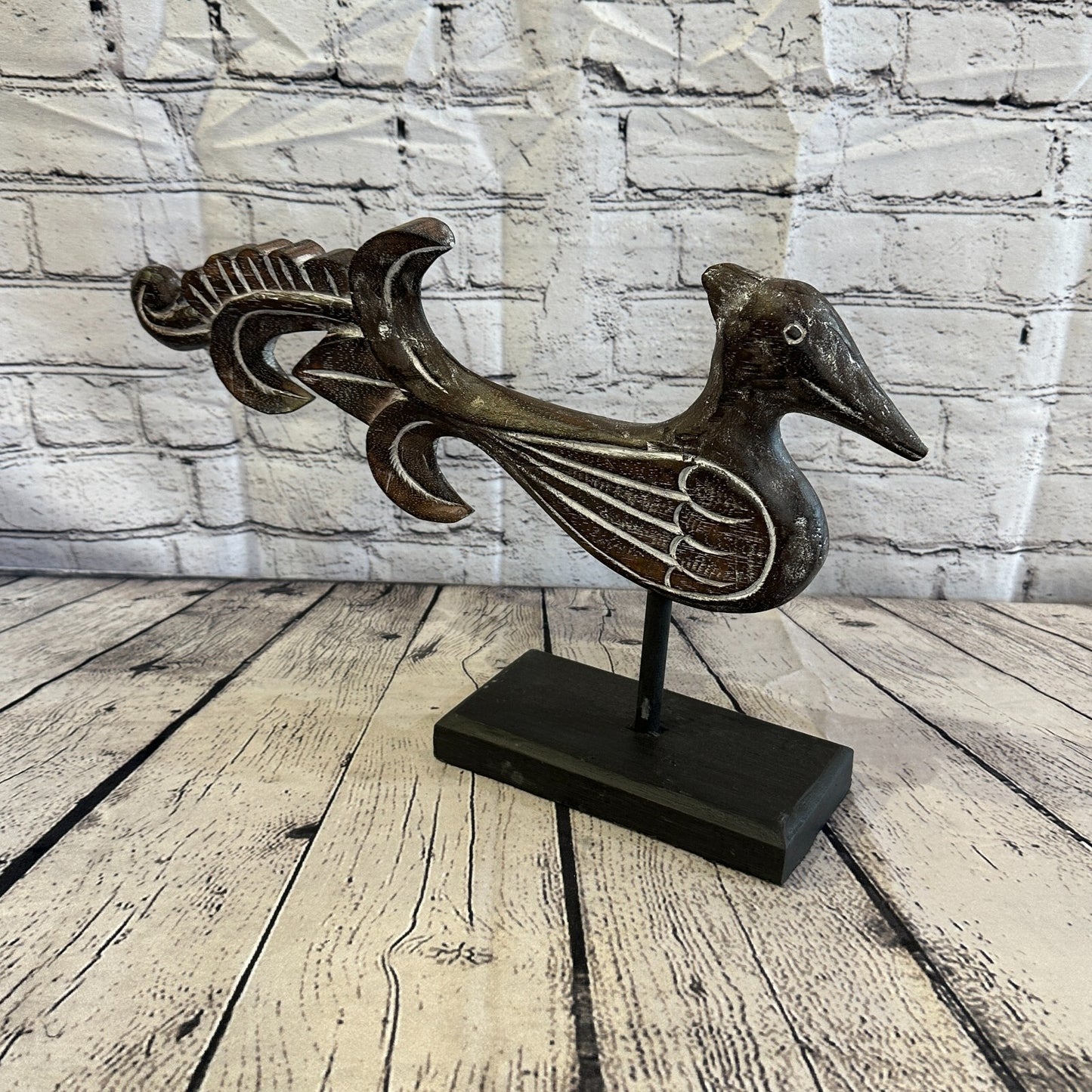 50cm x 30cm Wooden Tribal Primitive Black Phoenix Bird Stand Sculpture Statue
