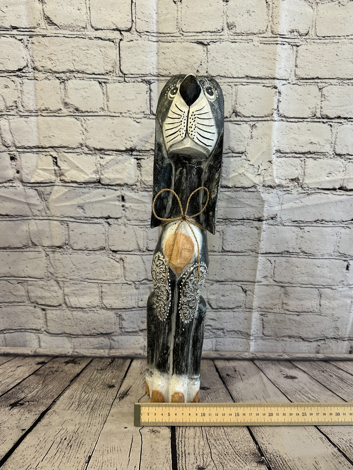 50cm Grey Flower Wooden Shabby Dog Statue Ornament Fair Trade Handcarved